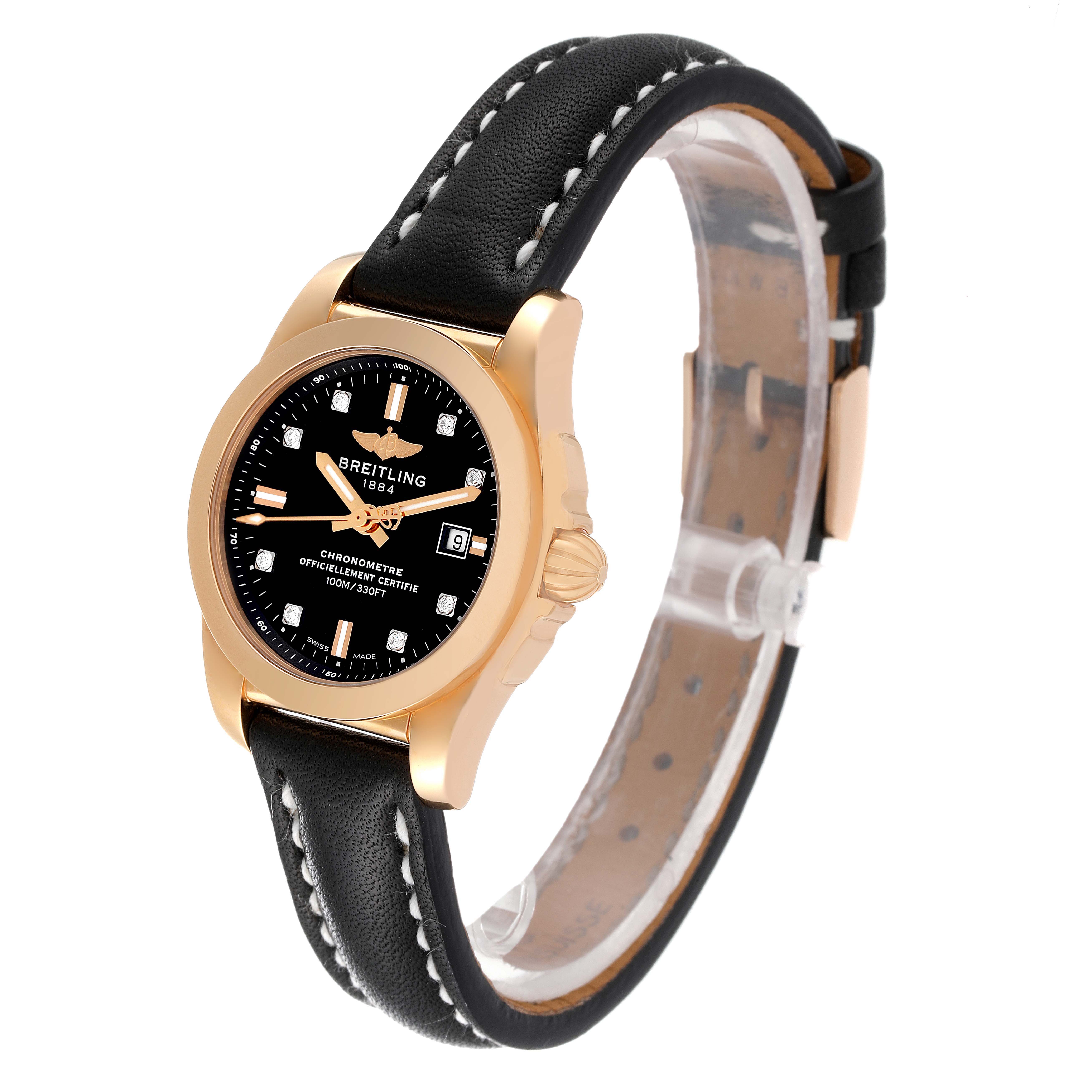 The Breitling H72348 Women's Rose Gold Black Dial H72348 Women's Rose Gold Black Dial Galactic 29 H72348 watch is shown at an angled view, displaying the dial, case, crown, and leather strap.