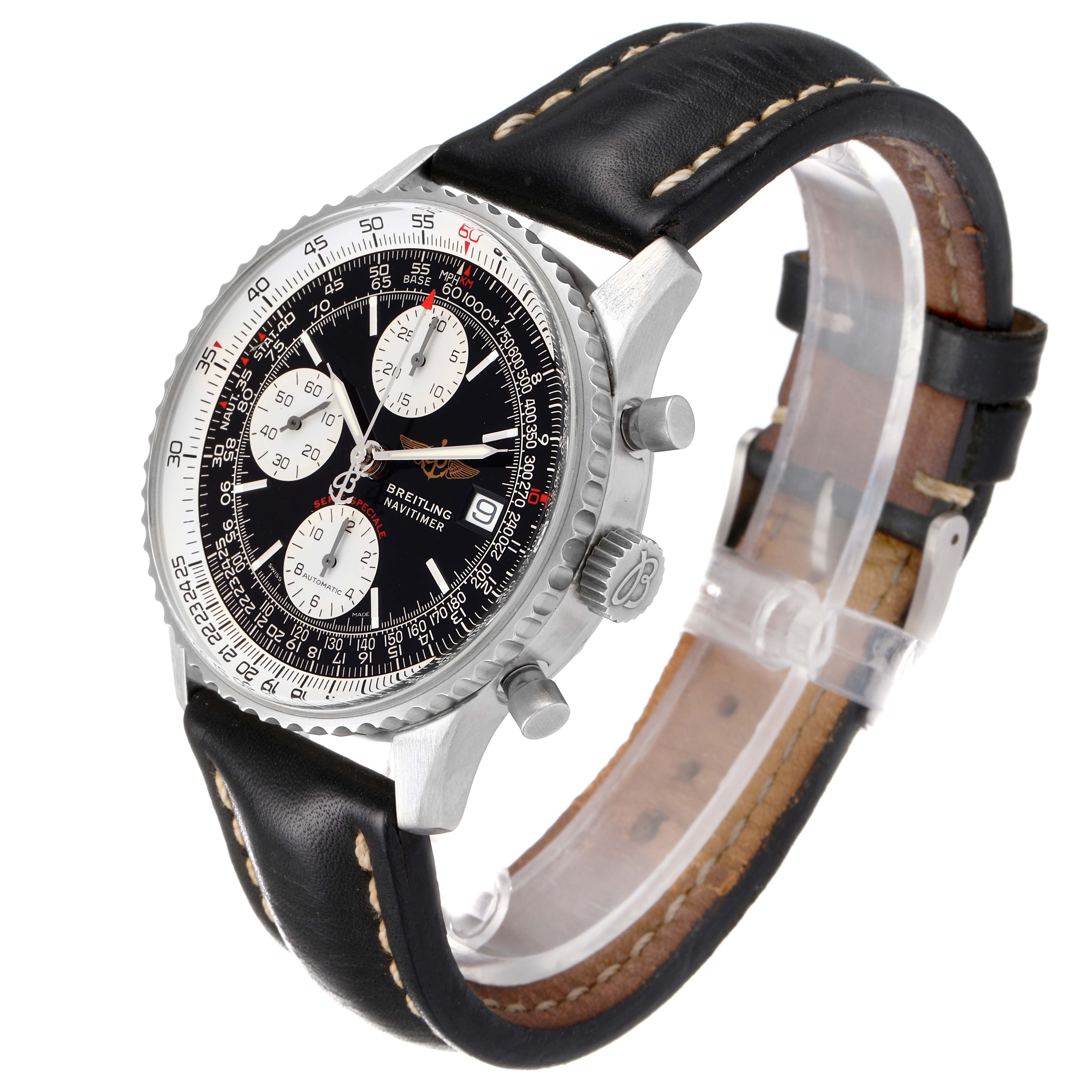 This image shows a Breitling Navitimer A13330 Men
s Stainless Steel Black Dial A13330 Men
s Stainless Steel Black Dial watch at a slight angle from the front-left, displaying its face, bezel, crown, pushers, and leather strap.