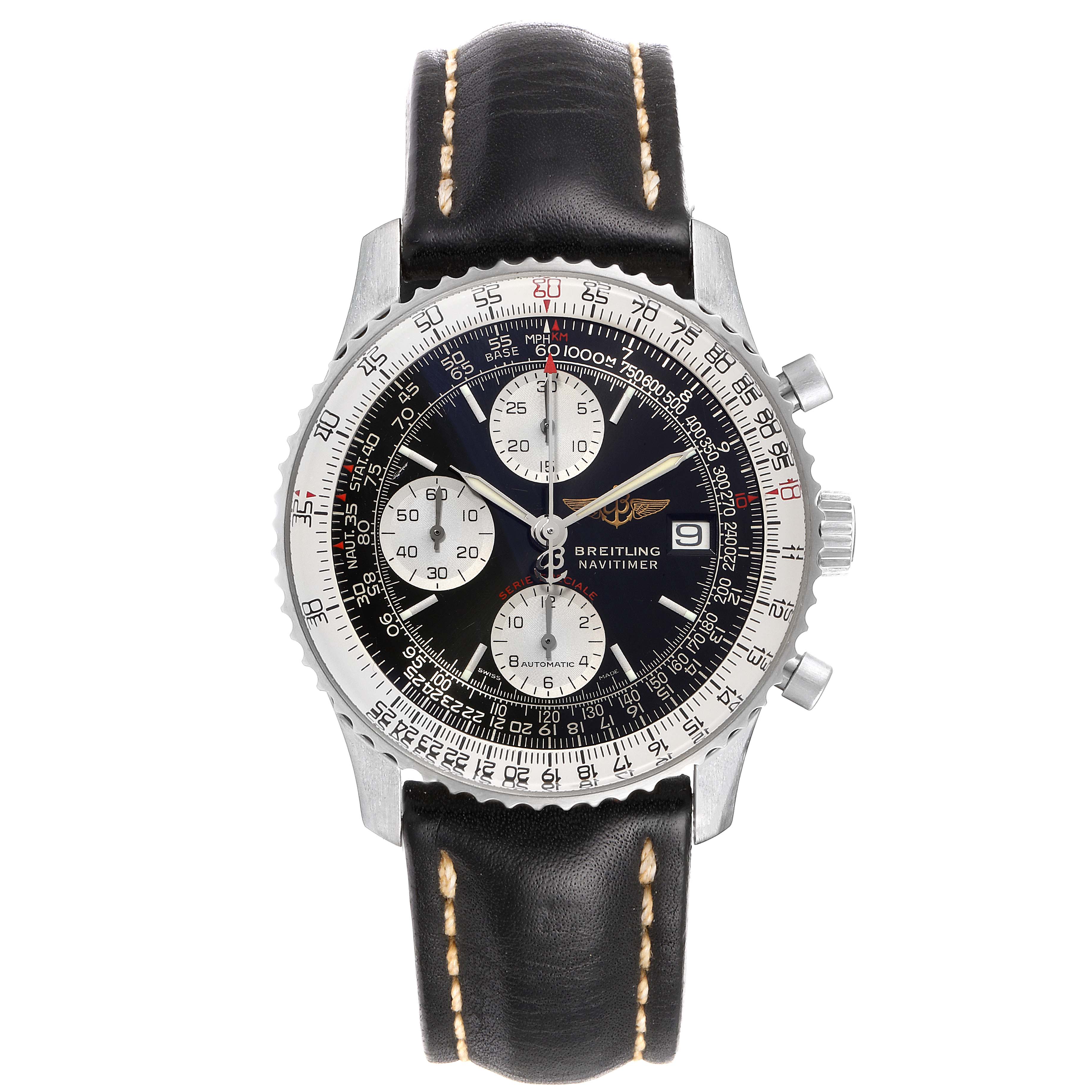 This image shows a front view of a Breitling Navitimer A13330 Men
s Stainless Steel Black Dial A13330 Men
s Stainless Steel Black Dial watch with a black leather strap and intricate dial detailing.