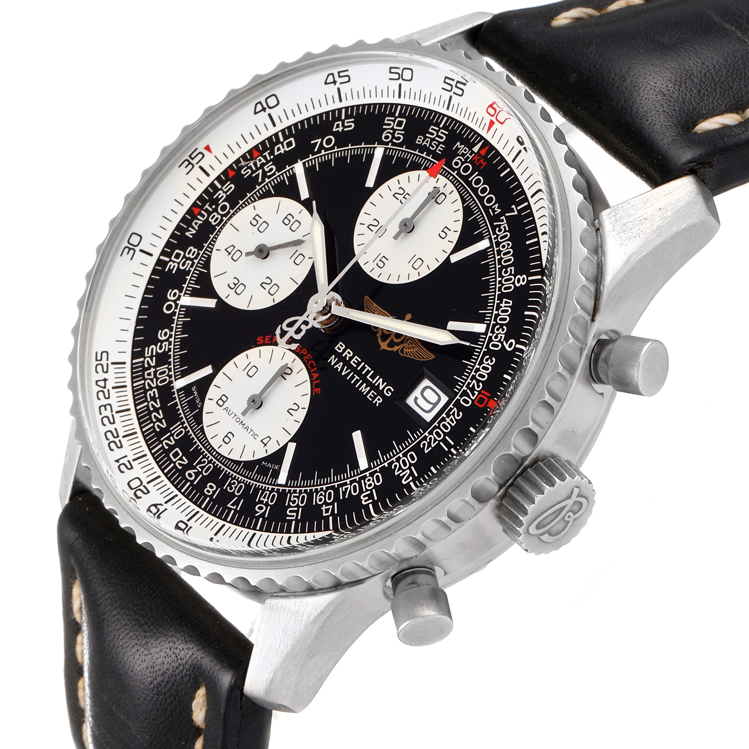 The image shows a close-up angle of the Breitling Navitimer A13330 Men
s Stainless Steel Black Dial A13330 Men
s Stainless Steel Black Dial watch, highlighting its face, dial, chronograph subdials, bezel, and part of the leather strap.