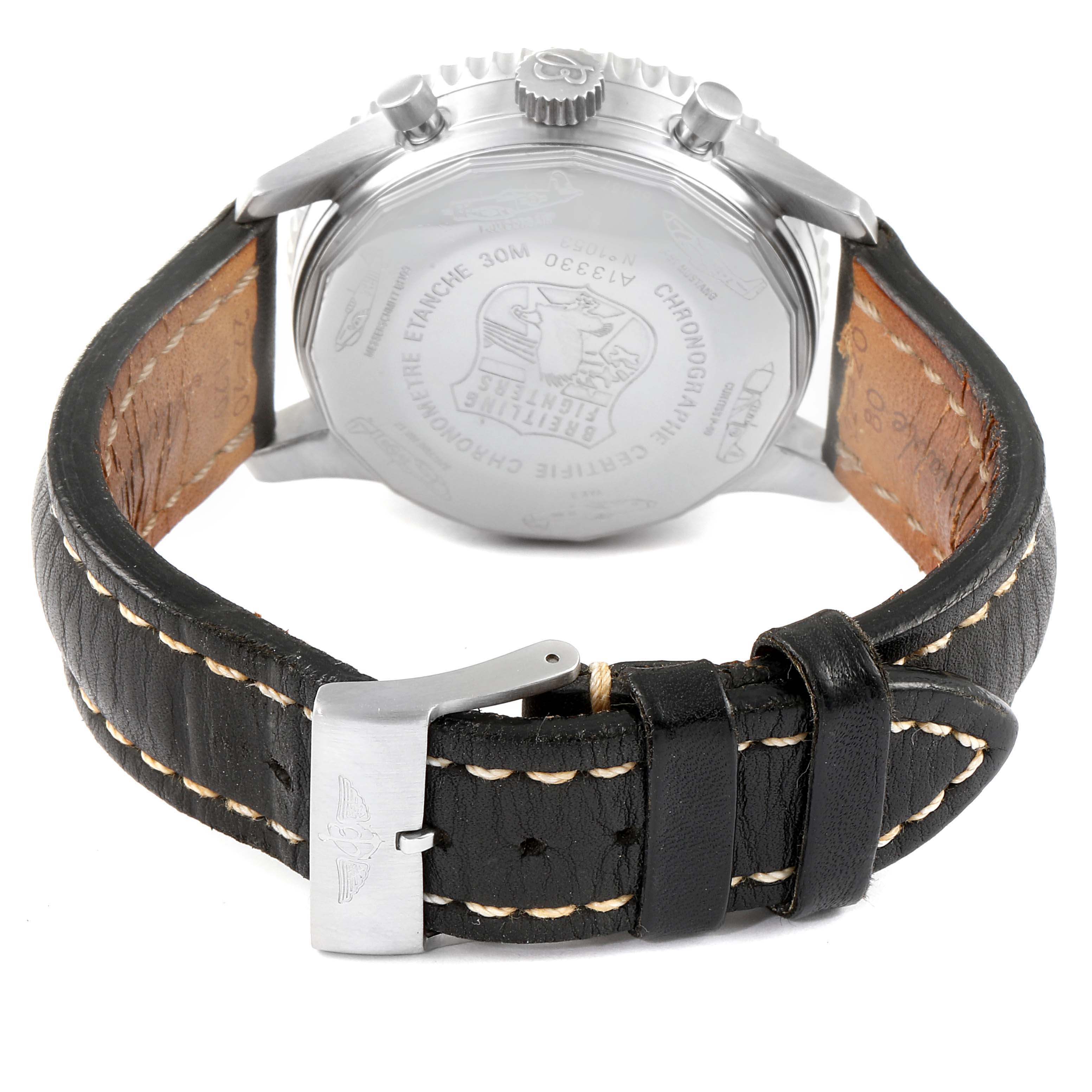 The image shows the back case and strap of a Breitling Navitimer A13330 Men
s Stainless Steel Black Dial A13330 Men
s Stainless Steel Black Dial watch, with a focus on the clasp and stitching details.