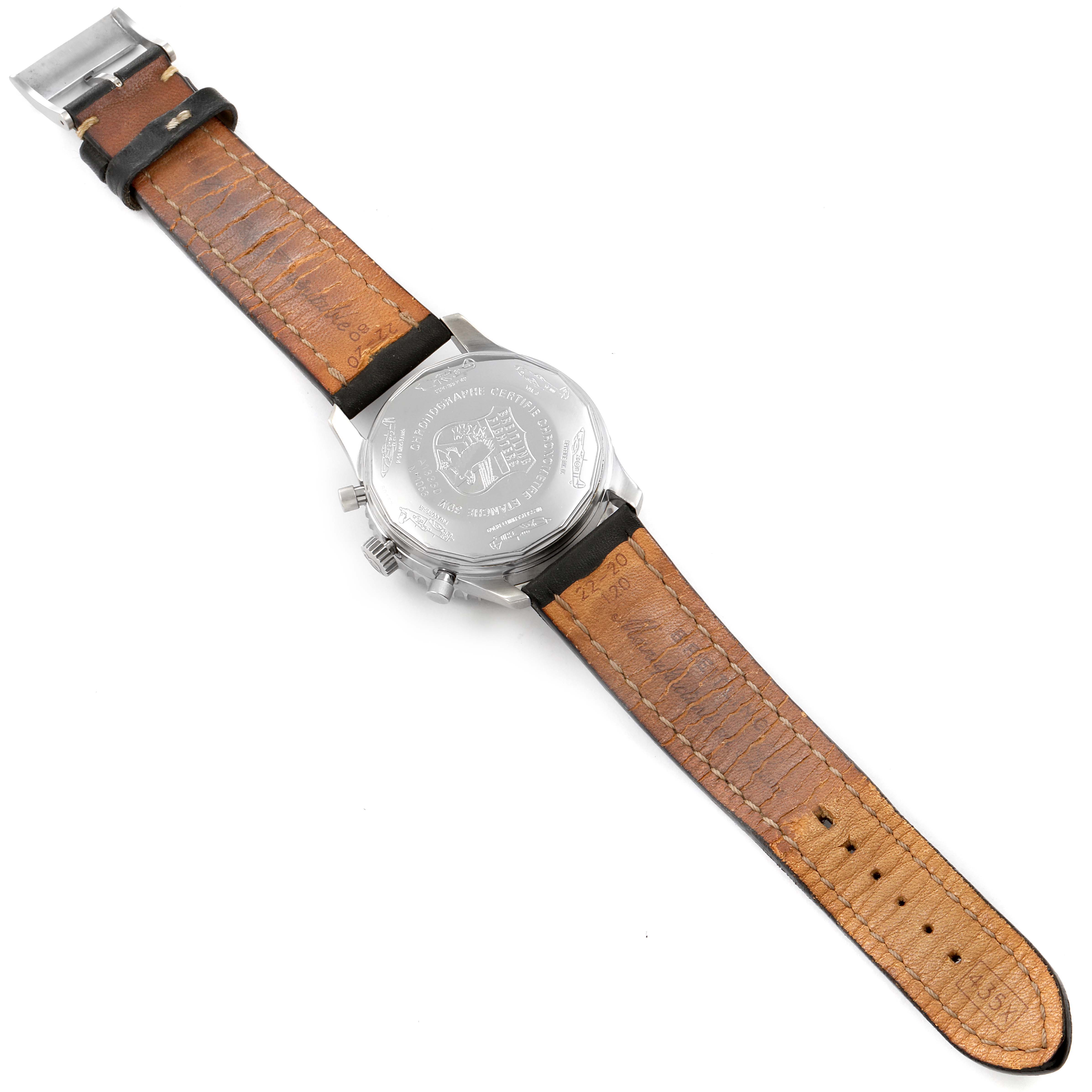 The image shows the back and leather strap of a Breitling Navitimer A13330 Men
s Stainless Steel Black Dial A13330 Men
s Stainless Steel Black Dial watch.