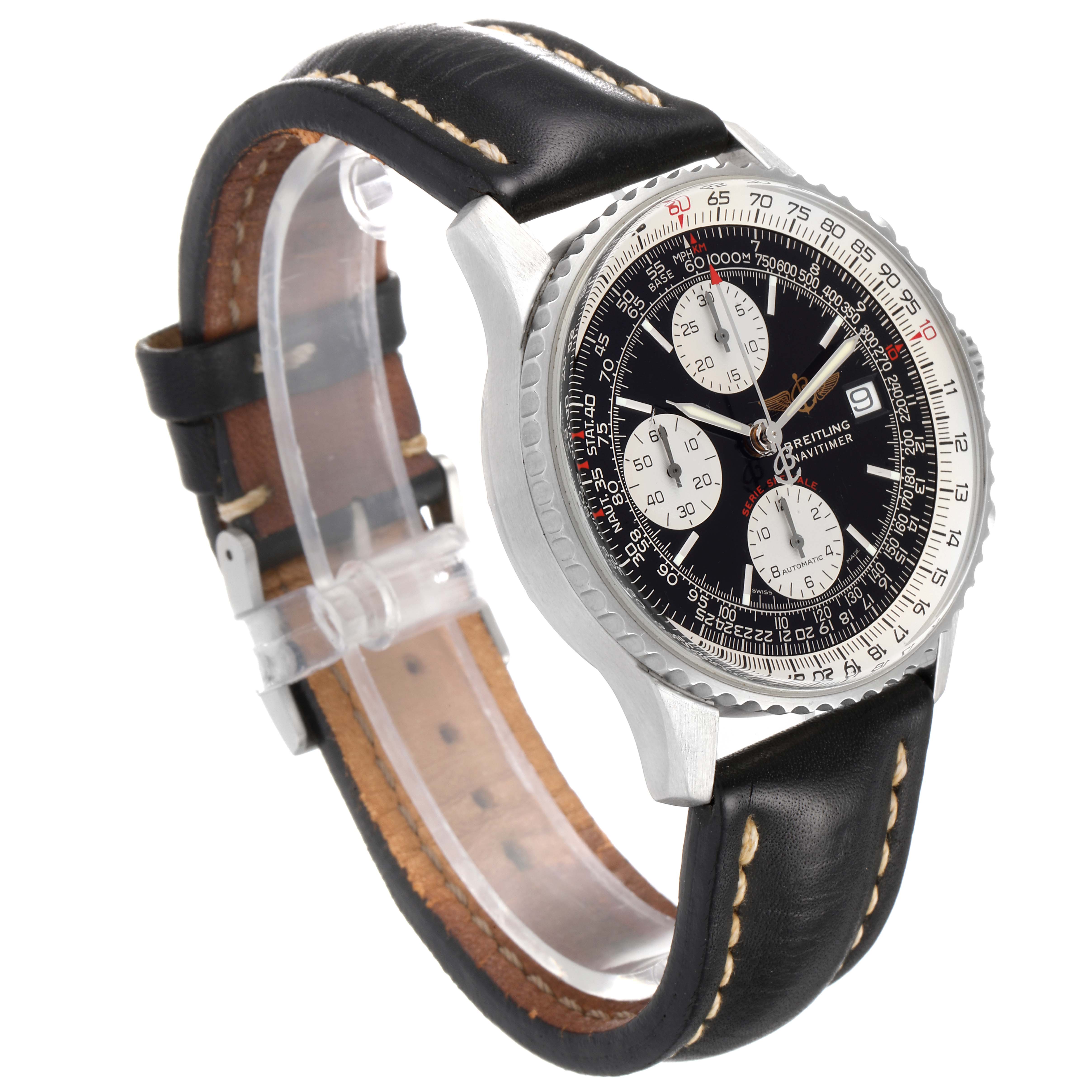 The Breitling Navitimer A13330 Men
s Stainless Steel Black Dial A13330 Men
s Stainless Steel Black Dial watch is shown at a three-quarter angle, displaying the face, bezel, and leather strap.