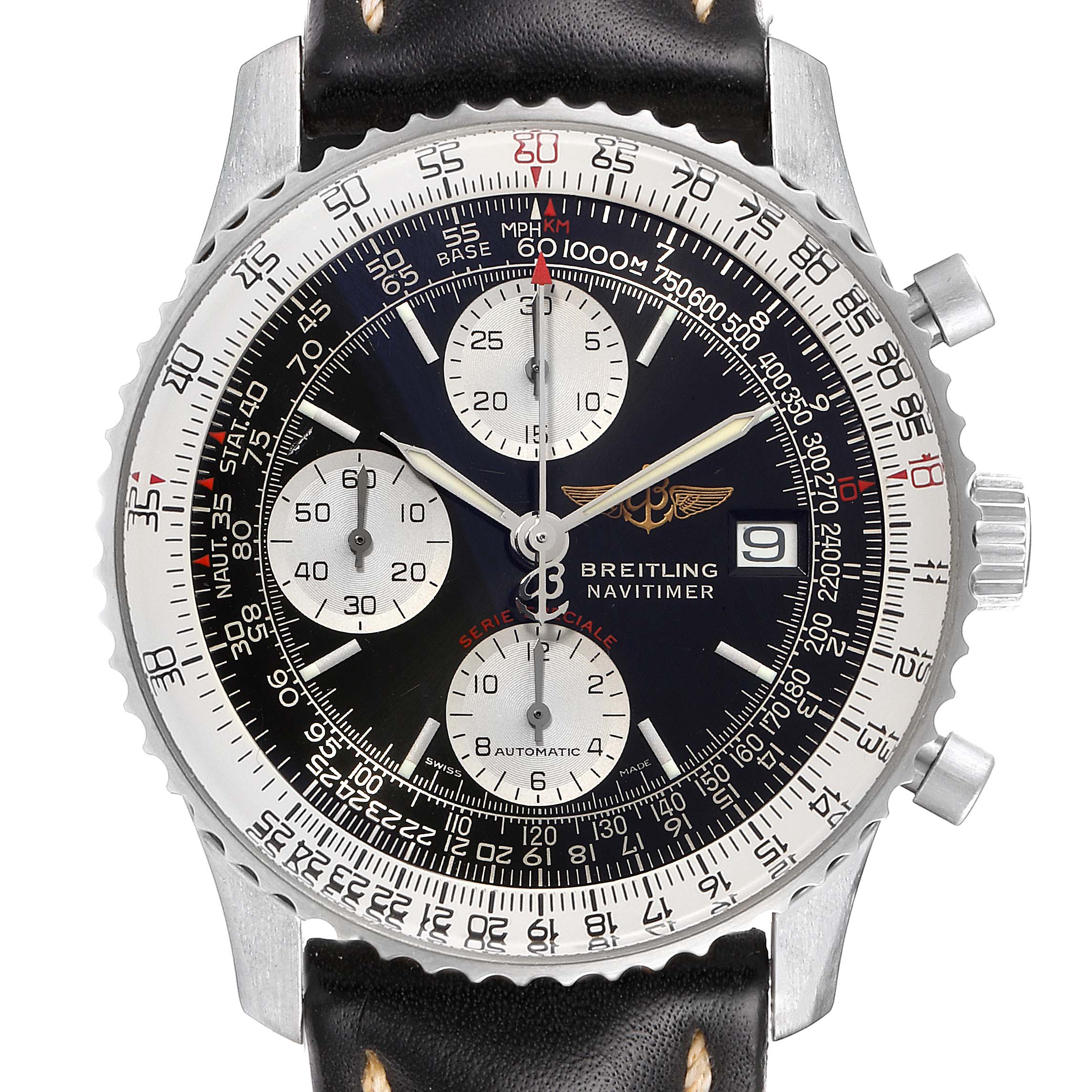 The Breitling Navitimer A13330 Men
s Stainless Steel Black Dial A13330 Men
s Stainless Steel Black Dial watch is shown from the front, displaying the black dial, chronograph subdials, and bezel.
