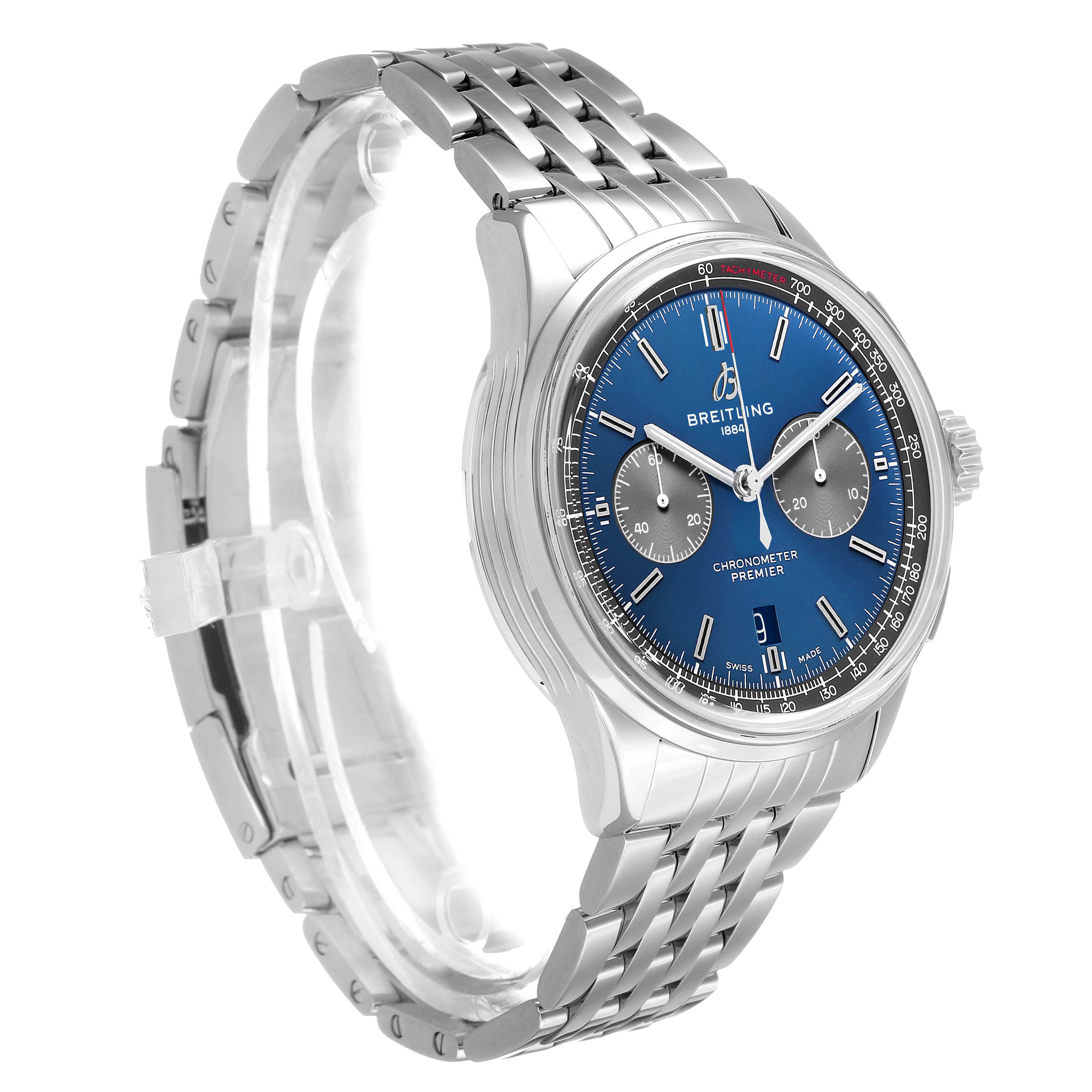 The Breitling Premier AB0118A61C1A1 Men's Stainless Steel Blue Dial watch is shown at a three-quarter angle, highlighting the blue dial, subdials, and stainless steel bracelet.
