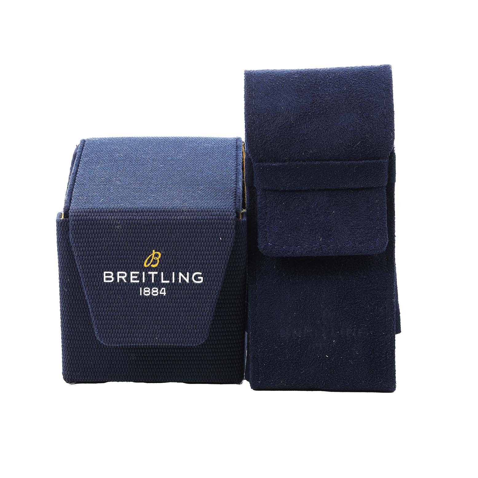 The image shows a Breitling Premier AB0118A61C1A1 Men's Stainless Steel Blue Dial watch case and pouch angled side-by-side, highlighting the branded packaging.