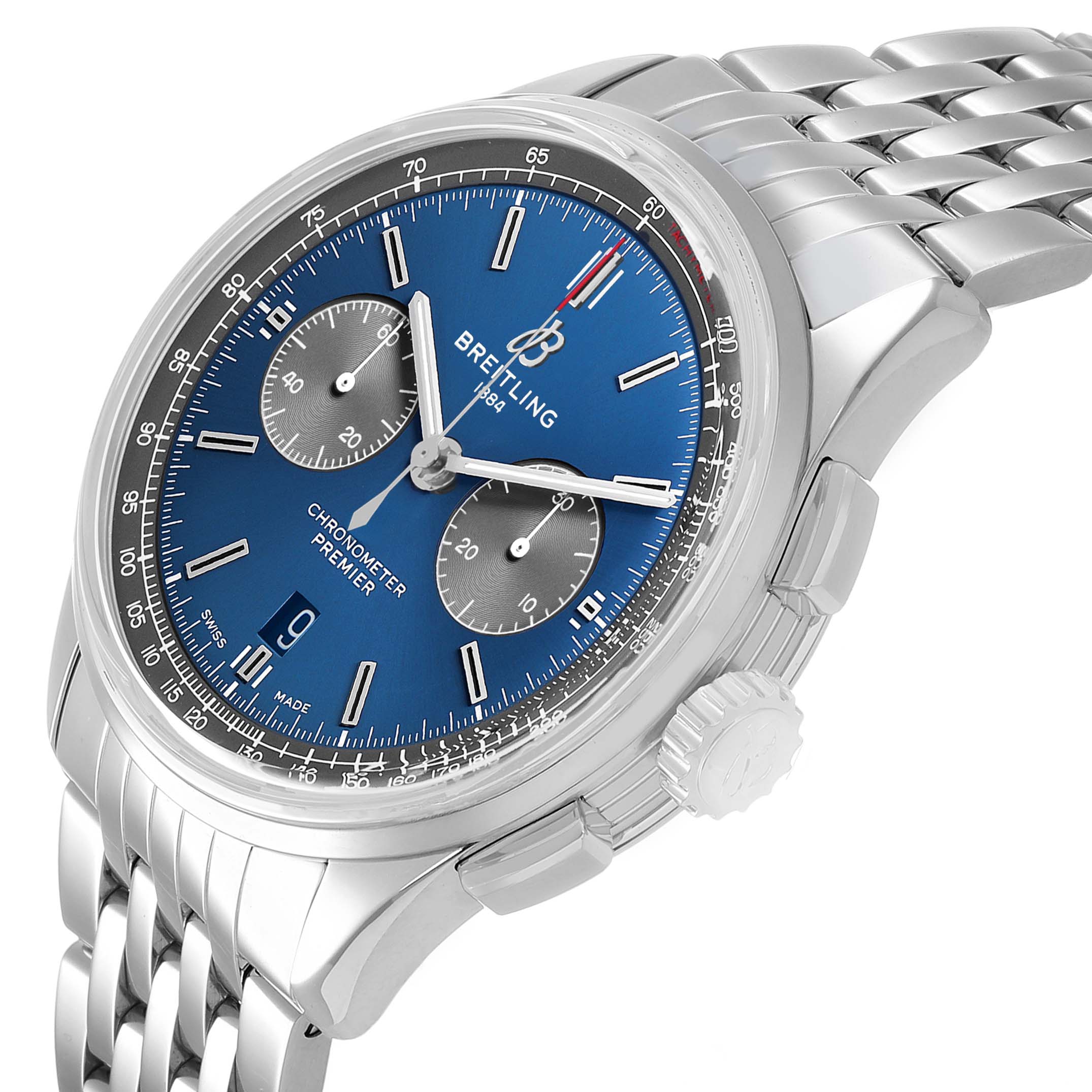 The image shows a Breitling Premier AB0118A61C1A1 Men's Stainless Steel Blue Dial watch at a three-quarter angle, highlighting the blue dial, subdials, crown, and metal bracelet.