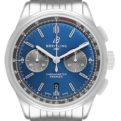 The Breitling Premier AB0118A61C1A1 Men's Stainless Steel Blue Dial watch is shown from the front, highlighting its blue dial, subdials, tachymeter scale, and date window.