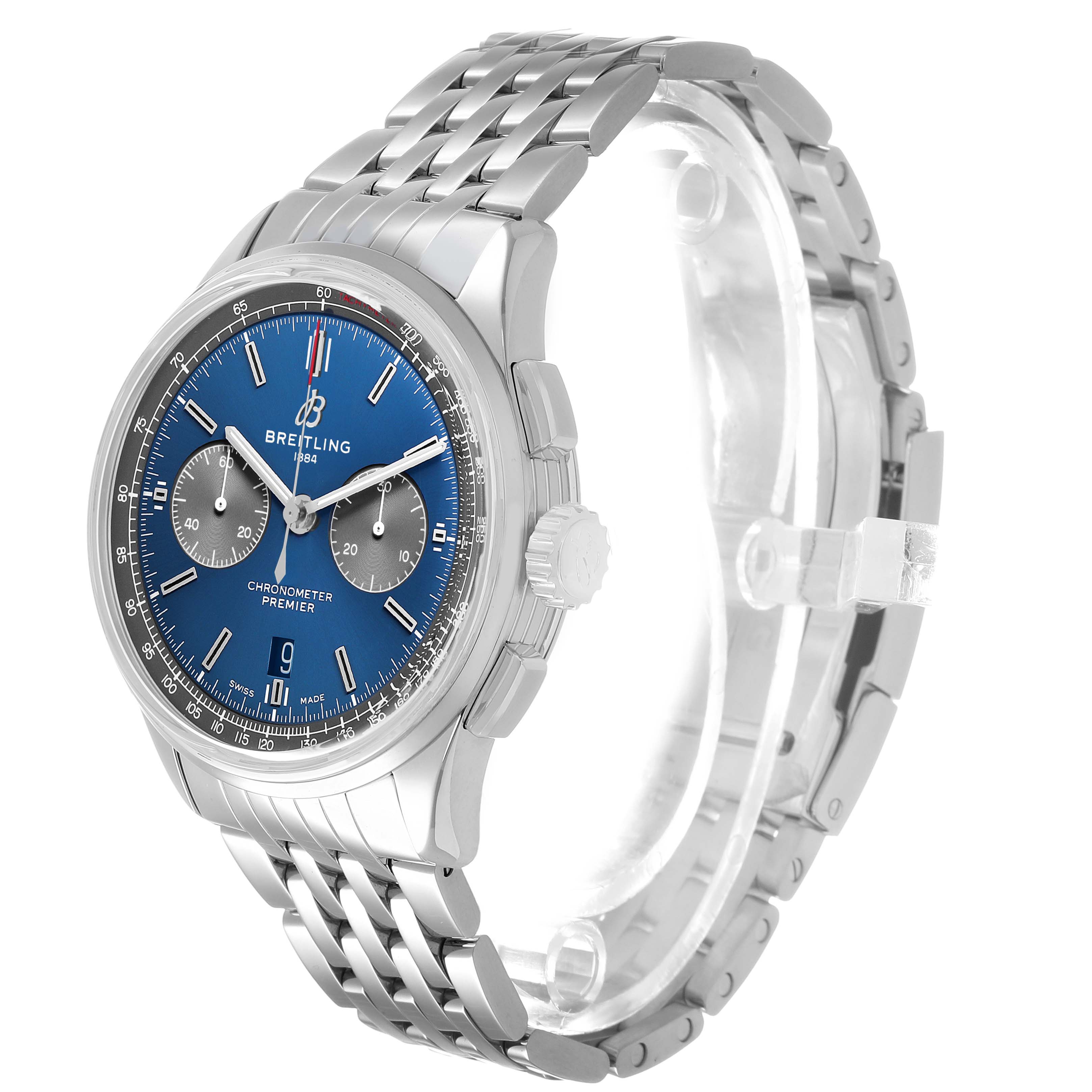 The Breitling Premier AB0118A61C1A1 Men's Stainless Steel Blue Dial watch is shown at a three-quarter angle, displaying its blue dial, chronograph subdials, and metal bracelet.