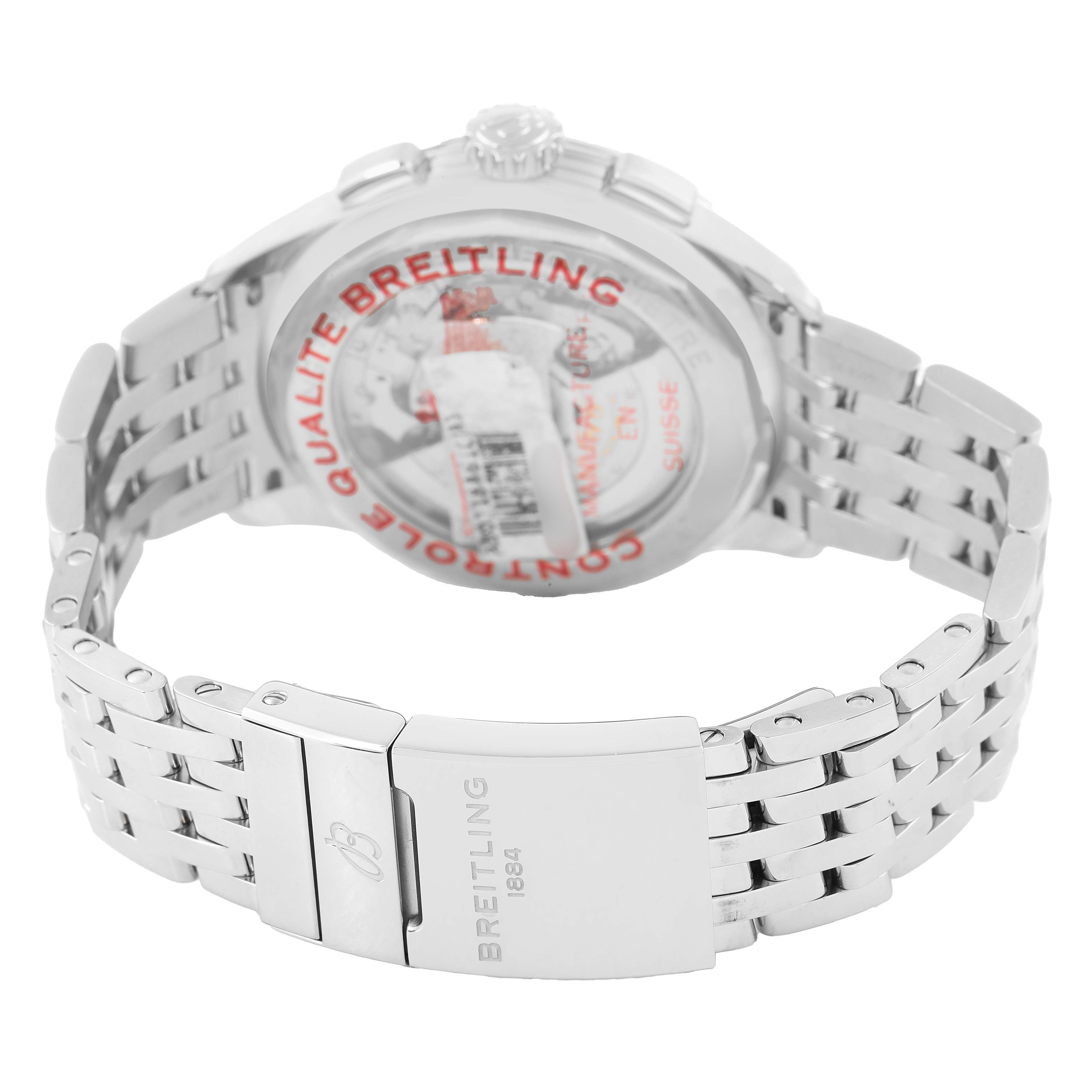 The image shows the back and clasp of a Breitling Premier AB0118A61C1A1 Men's Stainless Steel Blue Dial watch, highlighting the stainless steel bracelet and case back.