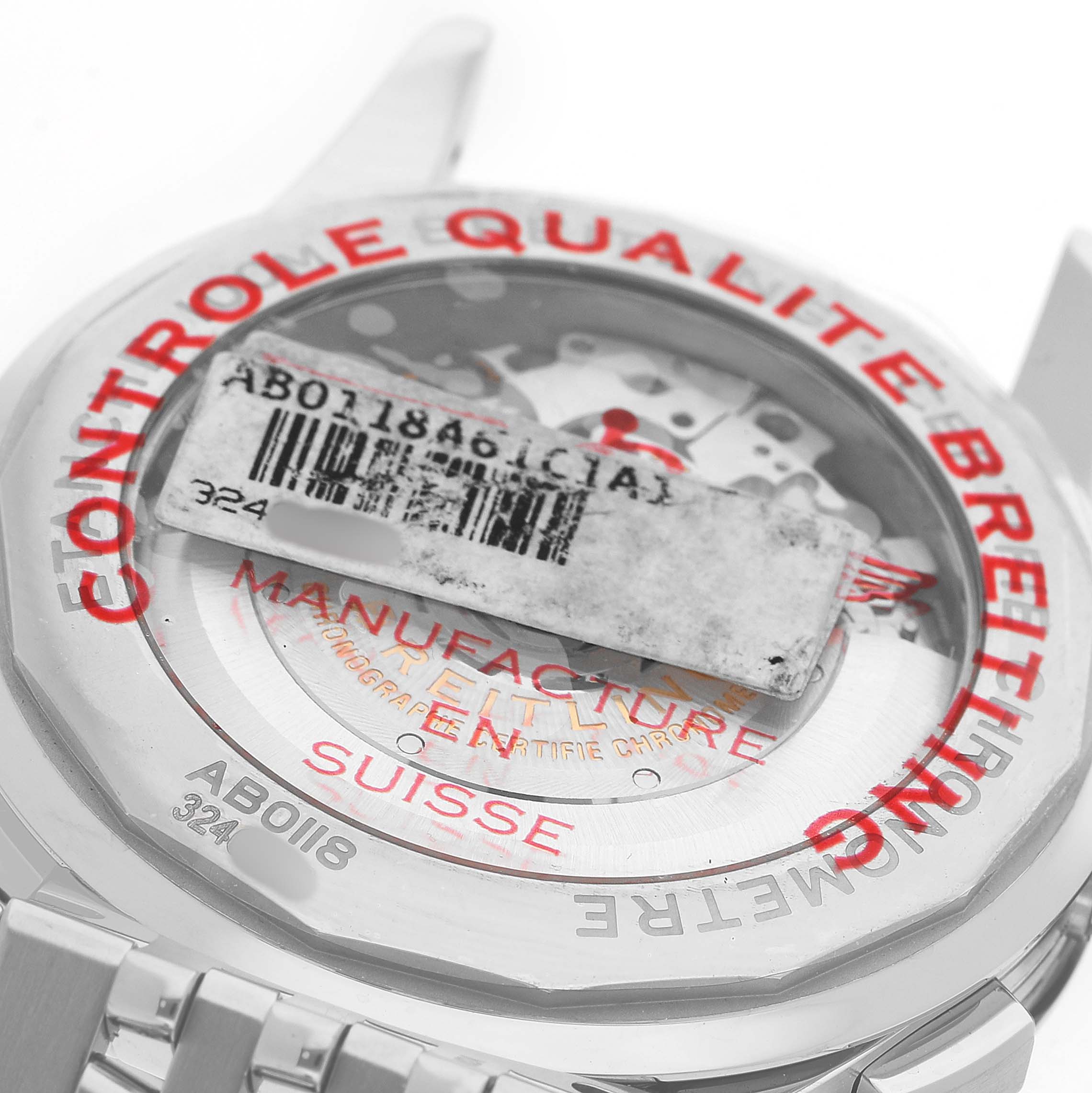 The image shows the back case of the Breitling Premier AB0118A61C1A1 Men's Stainless Steel Blue Dial watch, including the model number and quality control text.