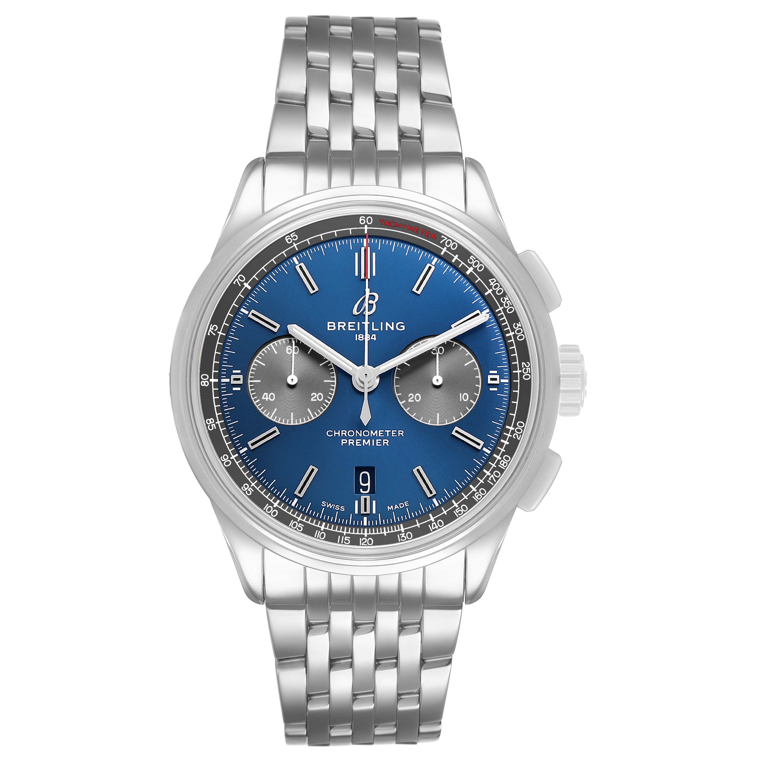 The Breitling Premier AB0118A61C1A1 Men's Stainless Steel Blue Dial watch is shown from a front view, highlighting its blue dial, chronograph subdials, and metal bracelet.