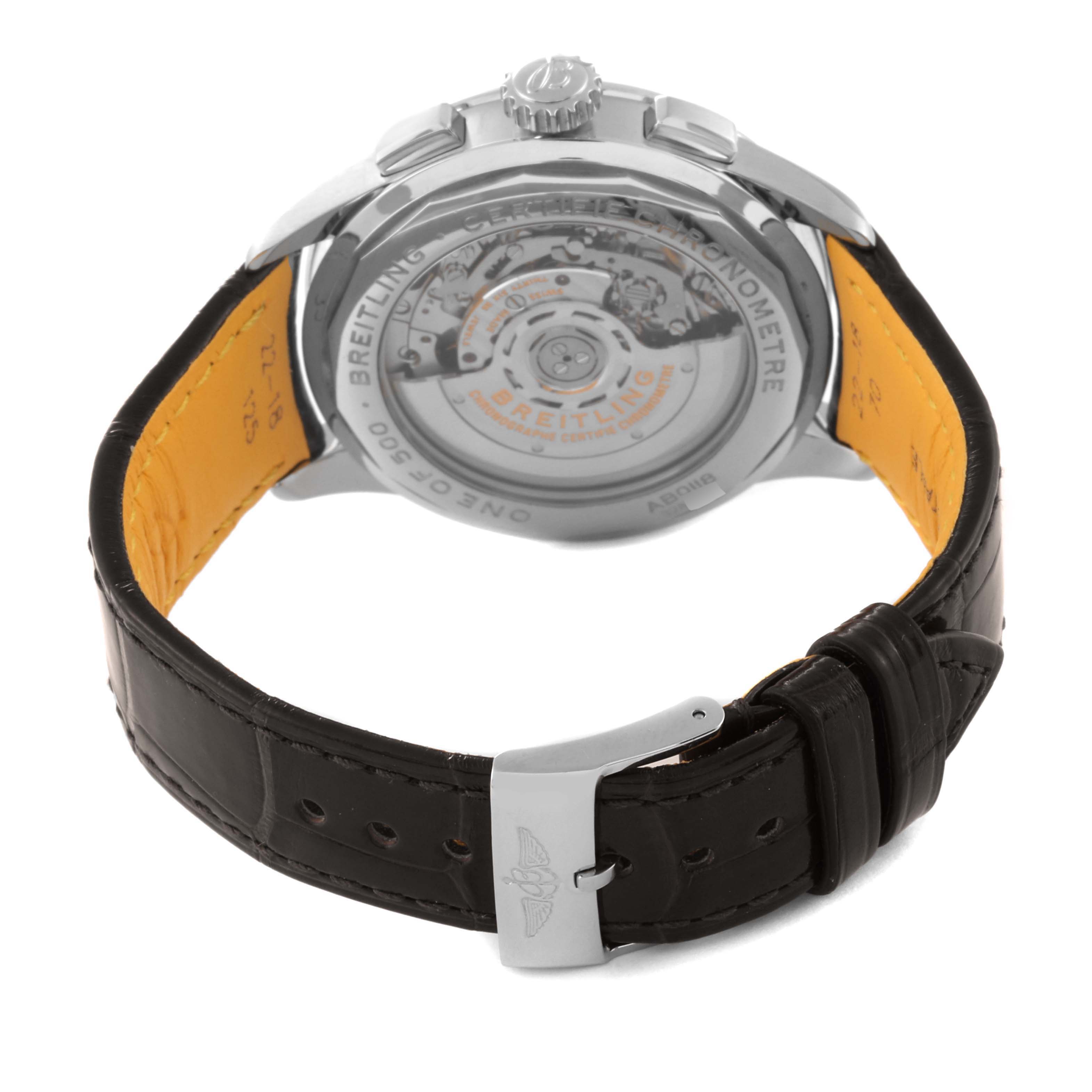 The image shows the back view of the Breitling Premier AB0118A31B1X1 Men
s Stainless Steel Grey Dial AB0118A31B1X1 Men
s Stainless Steel Grey Dial model watch, highlighting its transparent case back and leather strap.