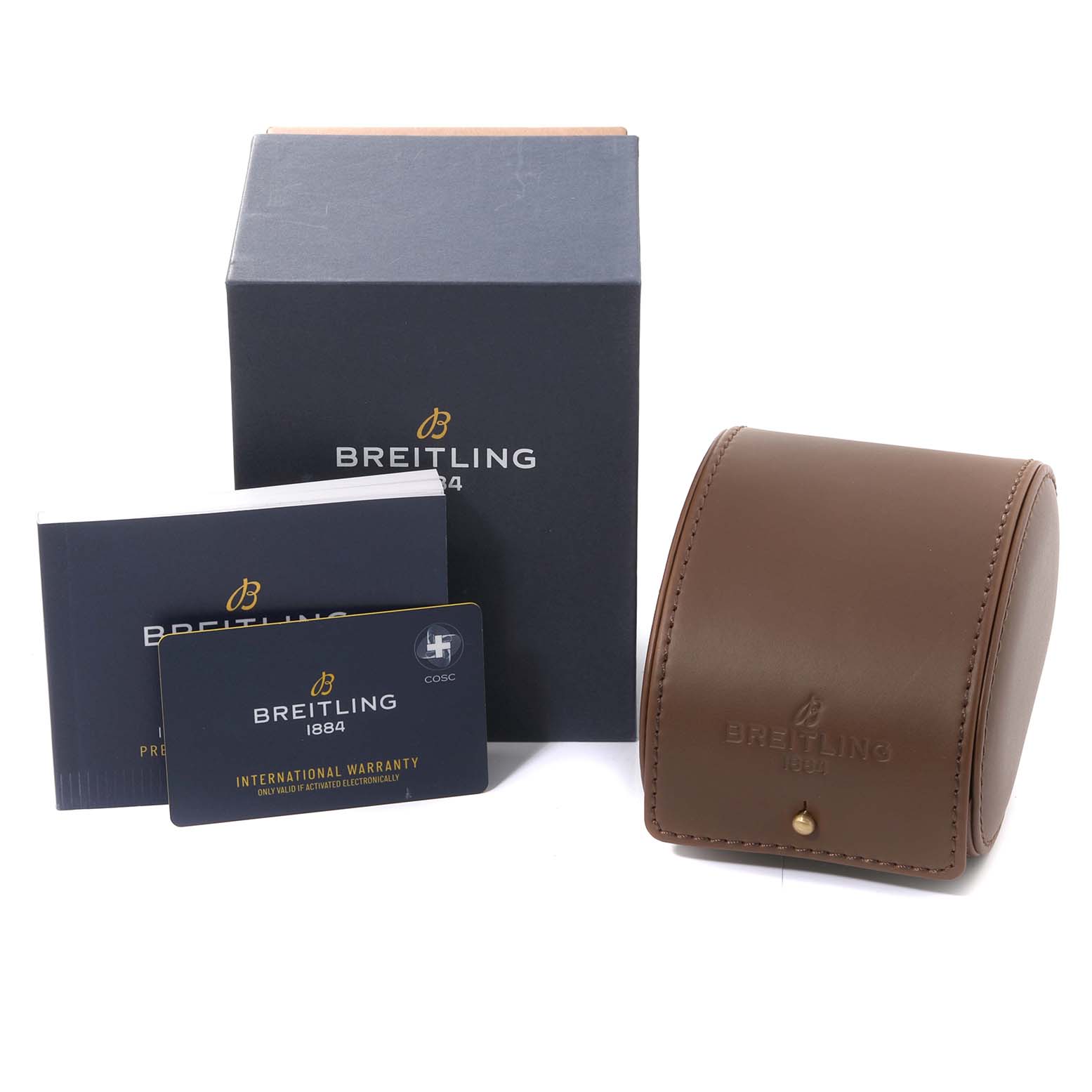 This image shows a Breitling Premier AB0118A31B1X1 Men
s Stainless Steel Grey Dial AB0118A31B1X1 Men
s Stainless Steel Grey Dial watch box, warranty card, user manual, and a brown leather case.