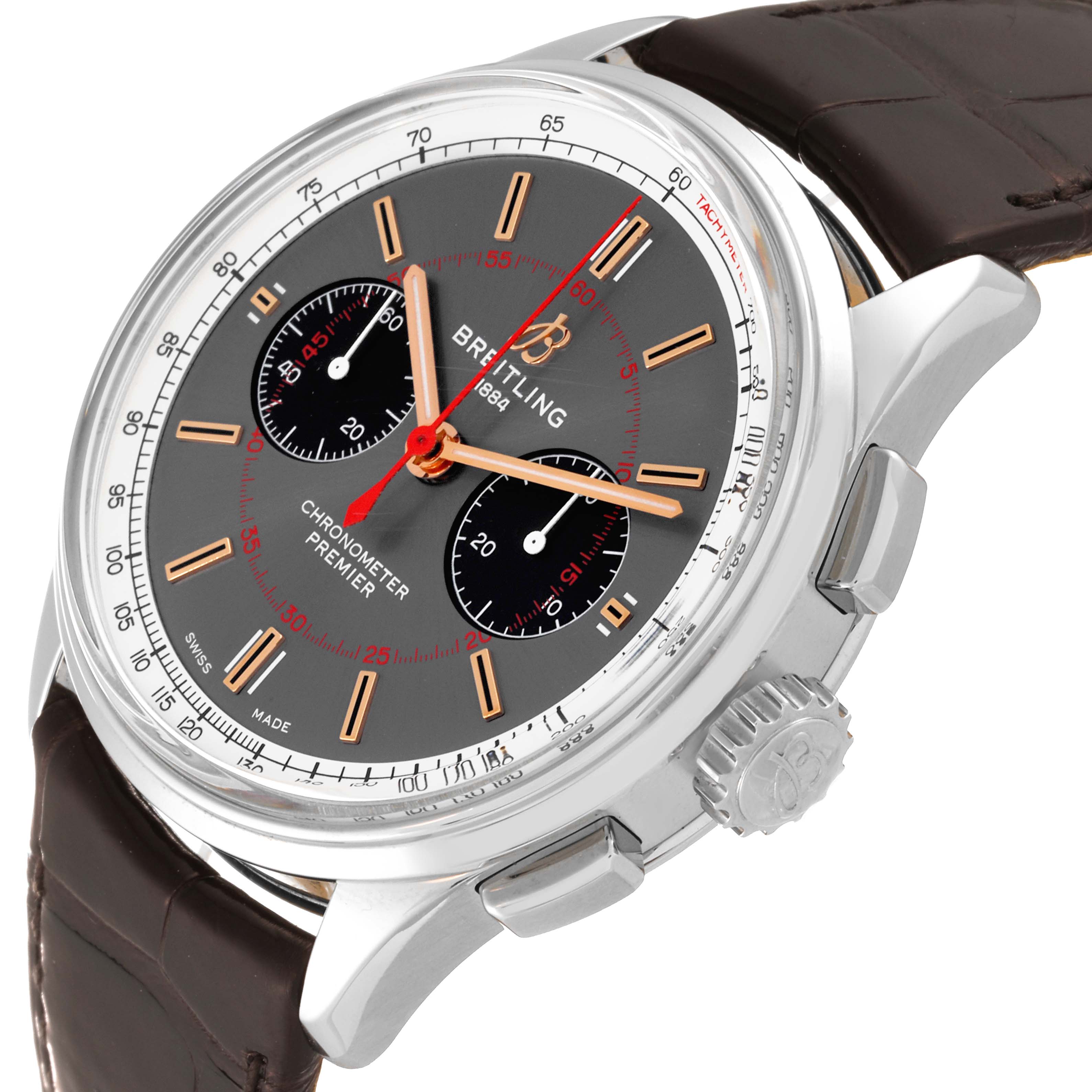 This image shows a close-up angle of a Breitling Premier AB0118A31B1X1 Men
s Stainless Steel Grey Dial AB0118A31B1X1 Men
s Stainless Steel Grey Dial model watch, highlighting its dial, crown, and pushers.