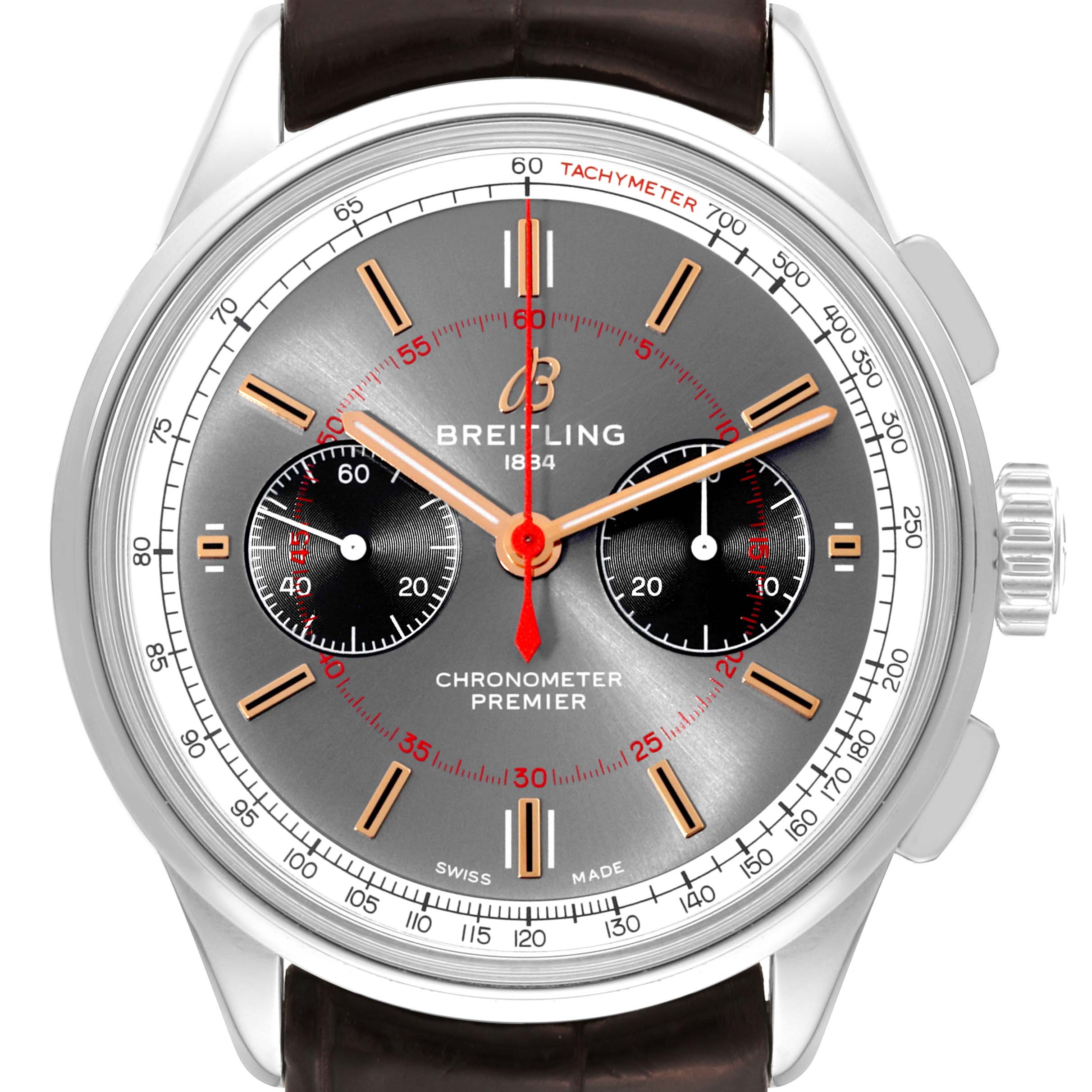 The image shows a front view of the Breitling Premier AB0118A31B1X1 Men
s Stainless Steel Grey Dial AB0118A31B1X1 Men
s Stainless Steel Grey Dial Chronometer watch, highlighting its face, hands, and tachymeter.
