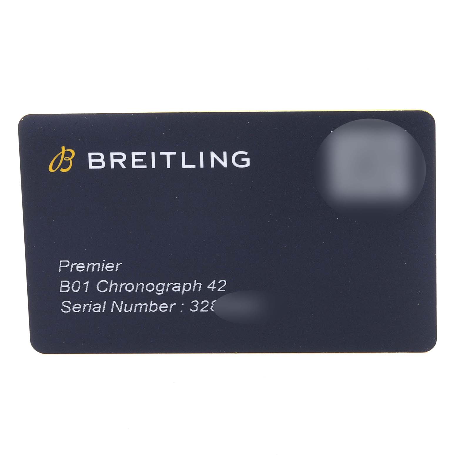 This image shows a warranty card for the Breitling Premier AB0118A31B1X1 Men
s Stainless Steel Grey Dial AB0118A31B1X1 Men
s Stainless Steel Grey Dial B01 Chronograph 42 model, displaying the brand logo and serial number.