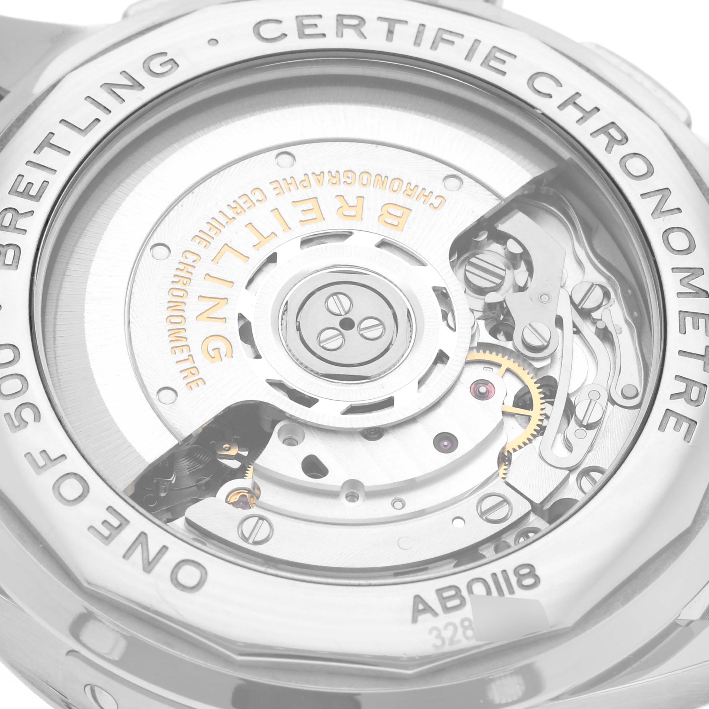 The image shows a close-up of the exhibition case back of the Breitling Premier AB0118A31B1X1 Men
s Stainless Steel Grey Dial AB0118A31B1X1 Men
s Stainless Steel Grey Dial model watch, highlighting its intricate movement.