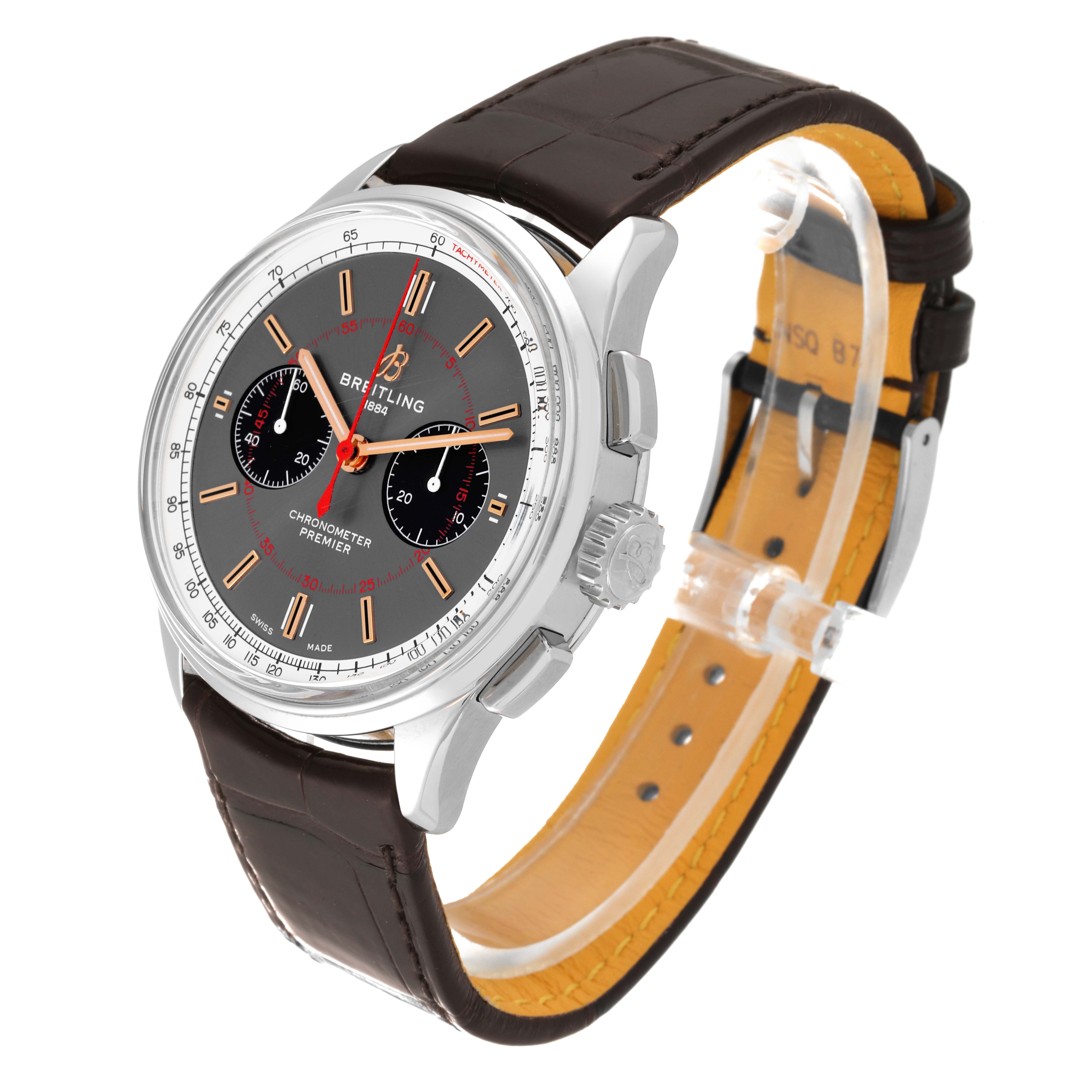 The Breitling Premier AB0118A31B1X1 Men
s Stainless Steel Grey Dial AB0118A31B1X1 Men
s Stainless Steel Grey Dial watch is shown at a three-quarter view, highlighting the dial, crown, chronograph buttons, and strap.