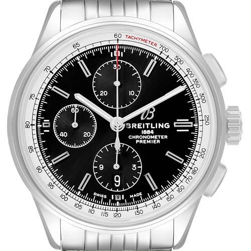 The Breitling Premier A13315 Men's Stainless Steel Black Dial watch is shown from a front angle, displaying its dial, subdials, and tachymeter scale.