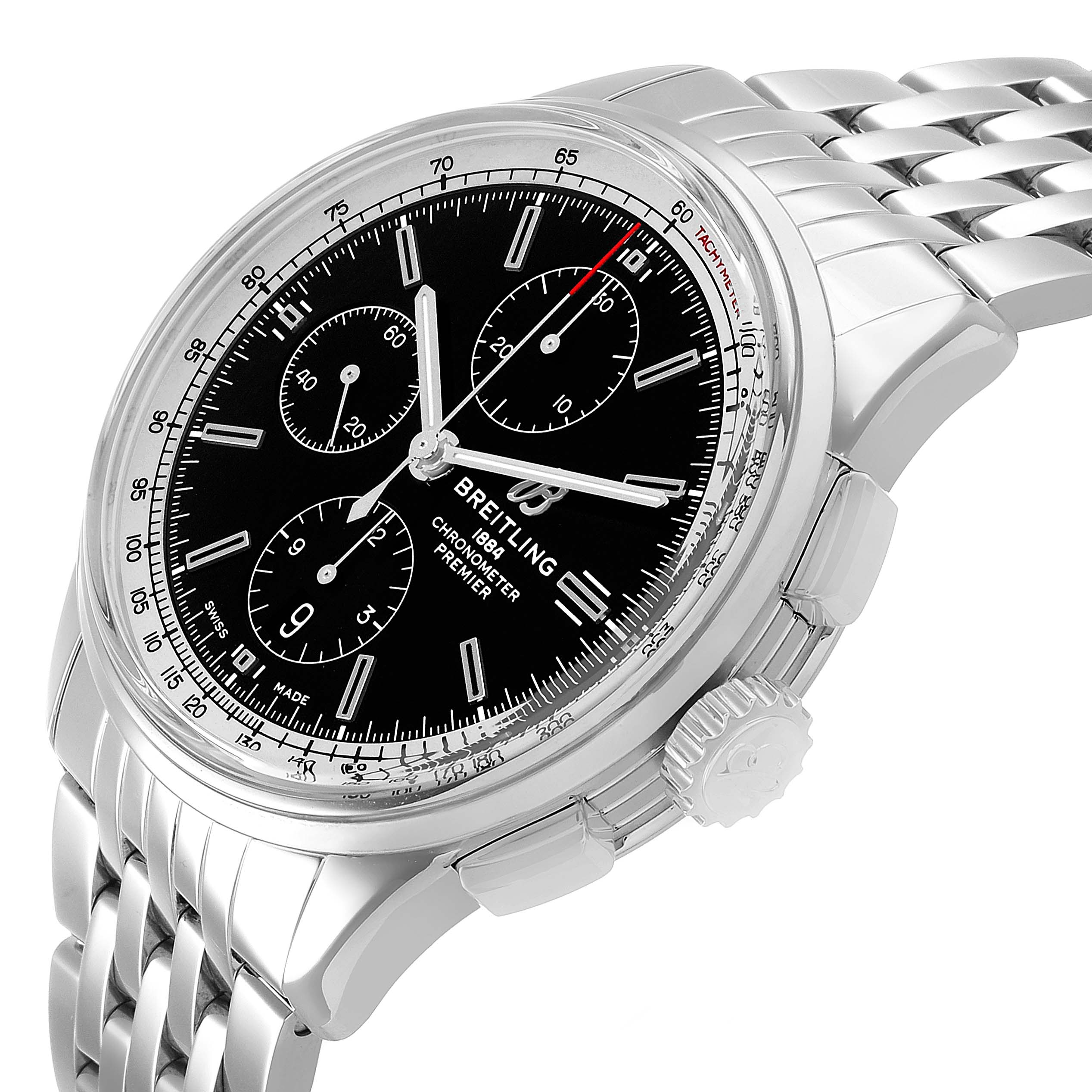 The Breitling Premier A13315 Men's Stainless Steel Black Dial watch is shown from a side angle, highlighting the black dial, subdials, silver bracelet, and crown.