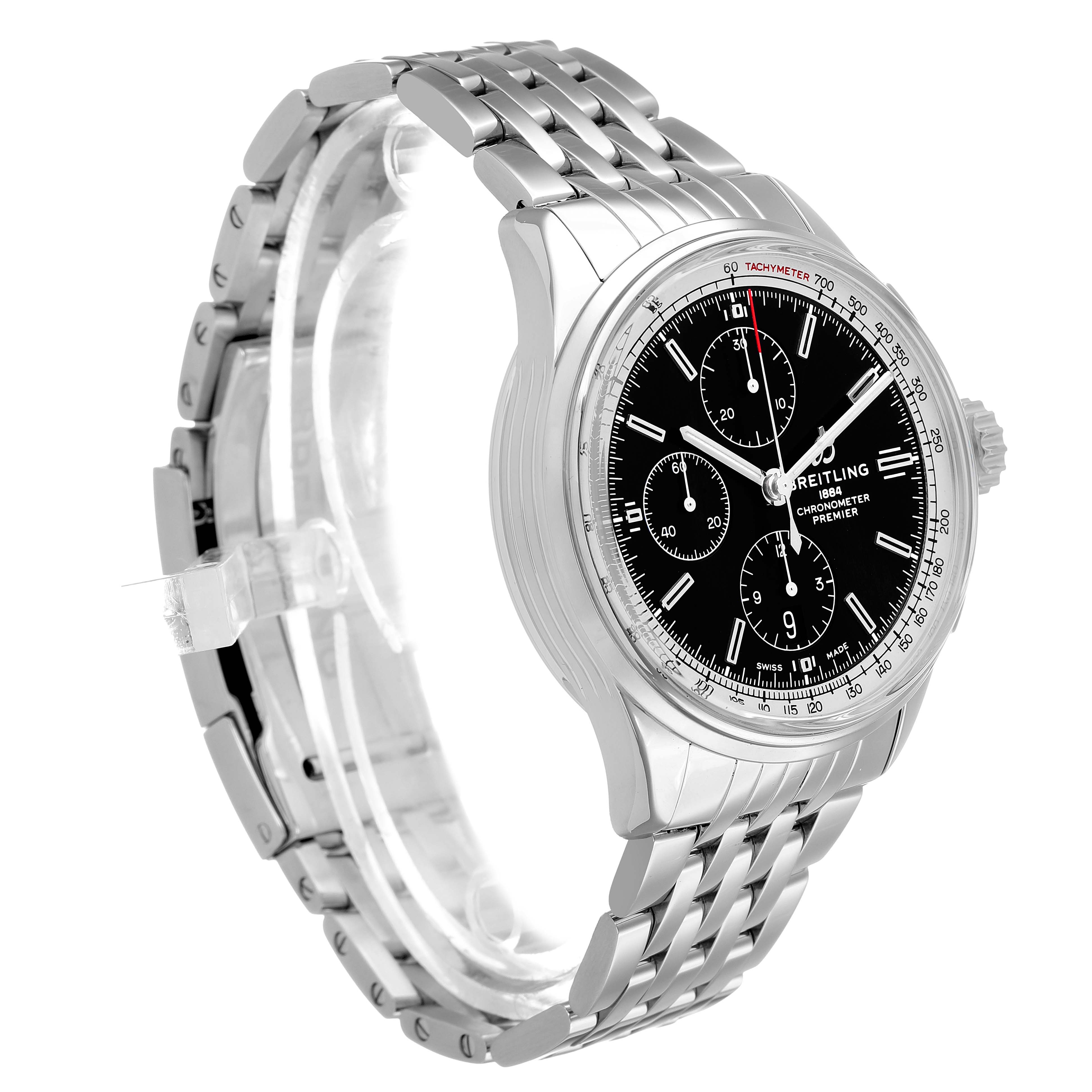 The Breitling Premier A13315 Men's Stainless Steel Black Dial watch is shown at a slight angle, highlighting its black dial, chronograph subdials, and metal bracelet.