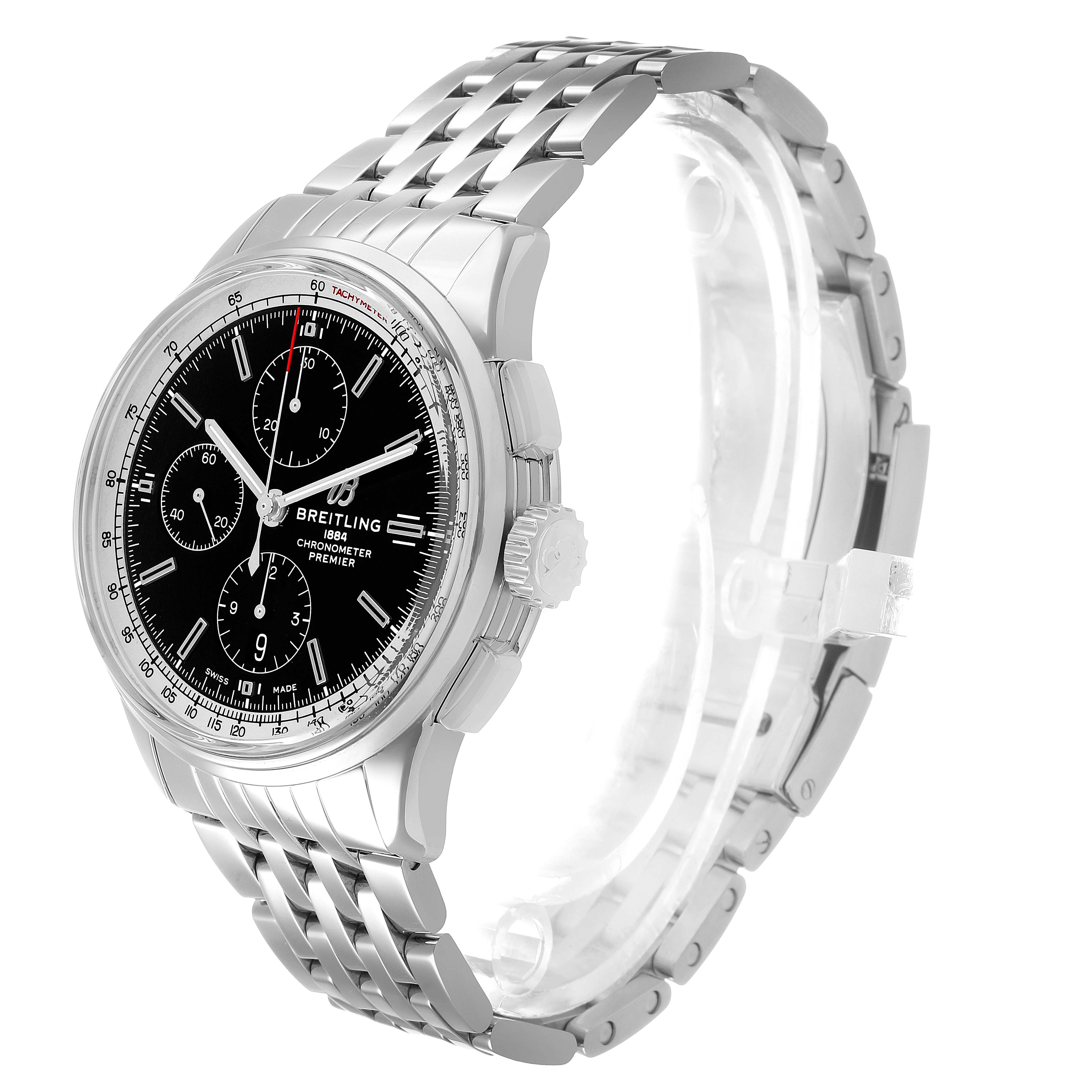 The Breitling Premier A13315 Men's Stainless Steel Black Dial watch is shown at a three-quarter angle, highlighting the face, bezel, crown, and bracelet.