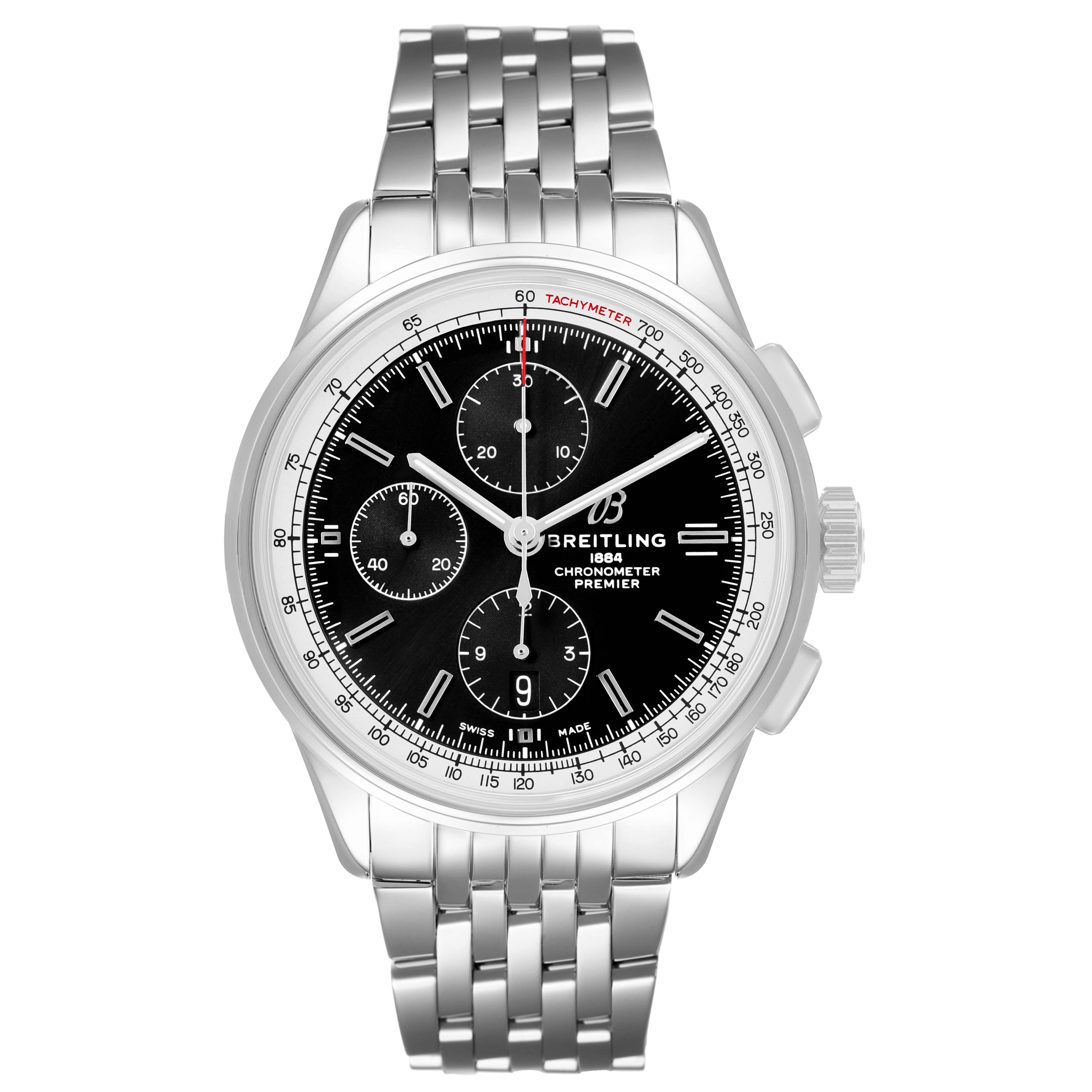 The Breitling Premier A13315 Men's Stainless Steel Black Dial model is shown from a front angle, featuring its dial, chronographs, and stainless steel bracelet.