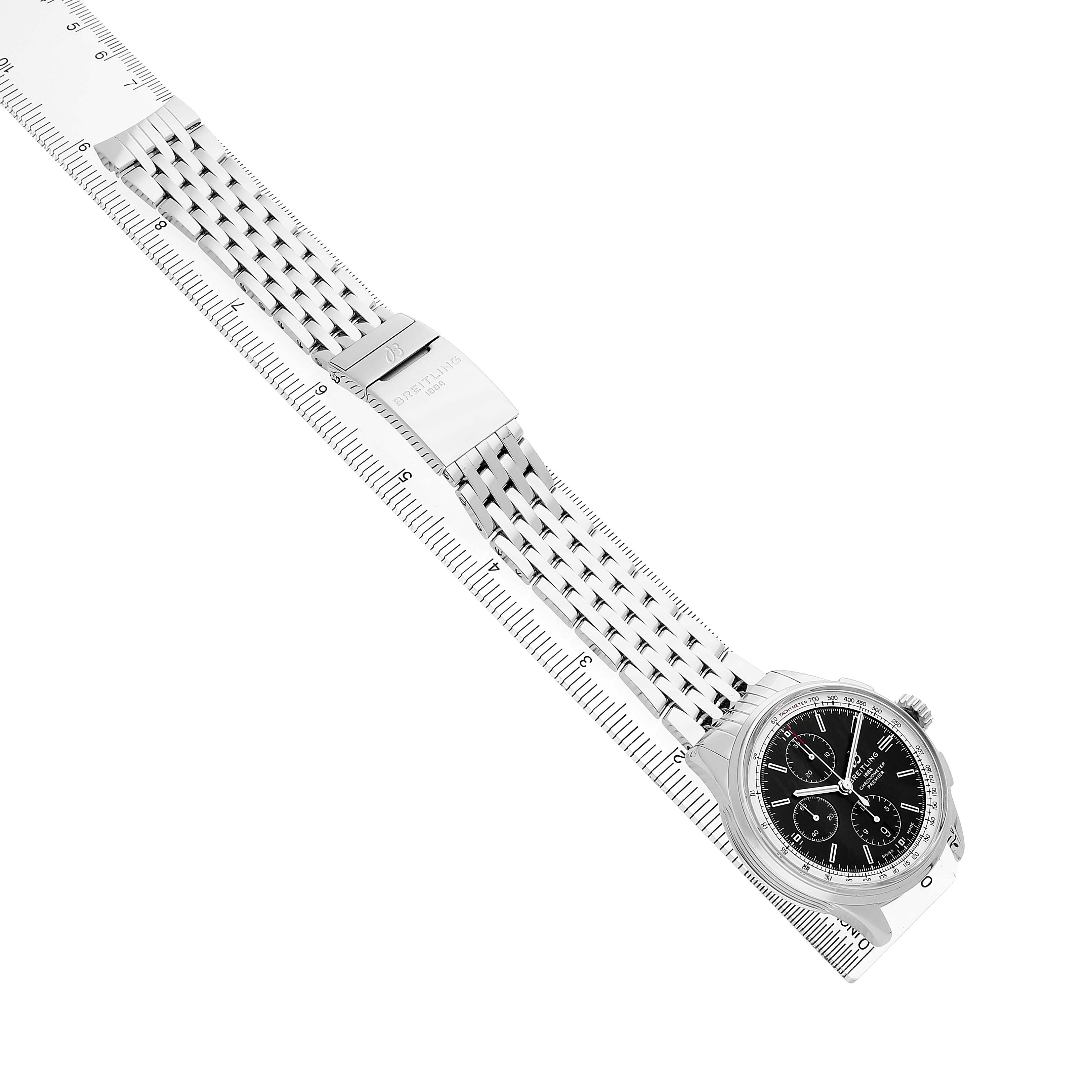 The Breitling Premier A13315 Men's Stainless Steel Black Dial watch is shown from an angled top view, highlighting its clasp, bracelet, and face fully extended.