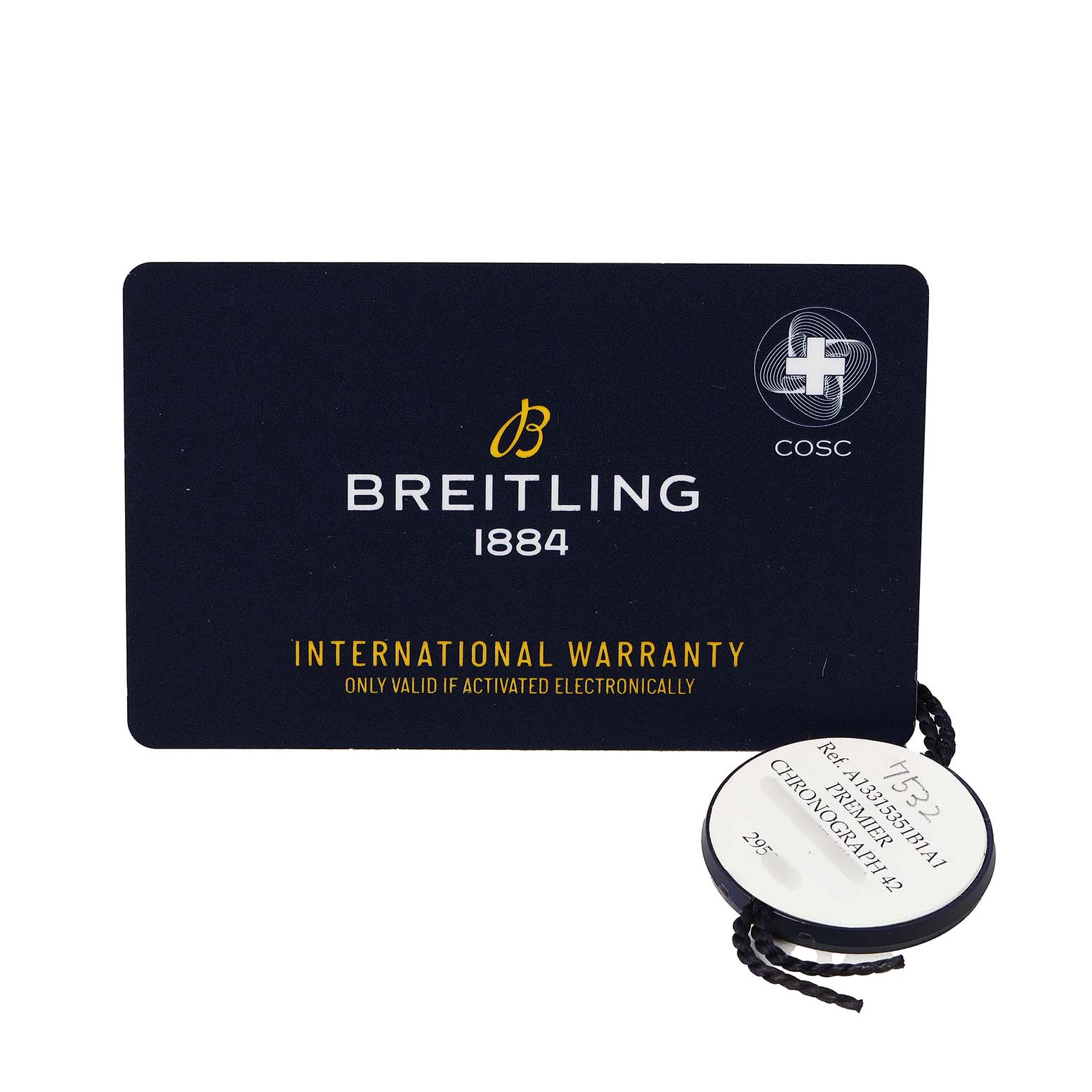 The image shows a Breitling Premier A13315 Men's Stainless Steel Black Dial model international warranty card and a tag with reference details.
