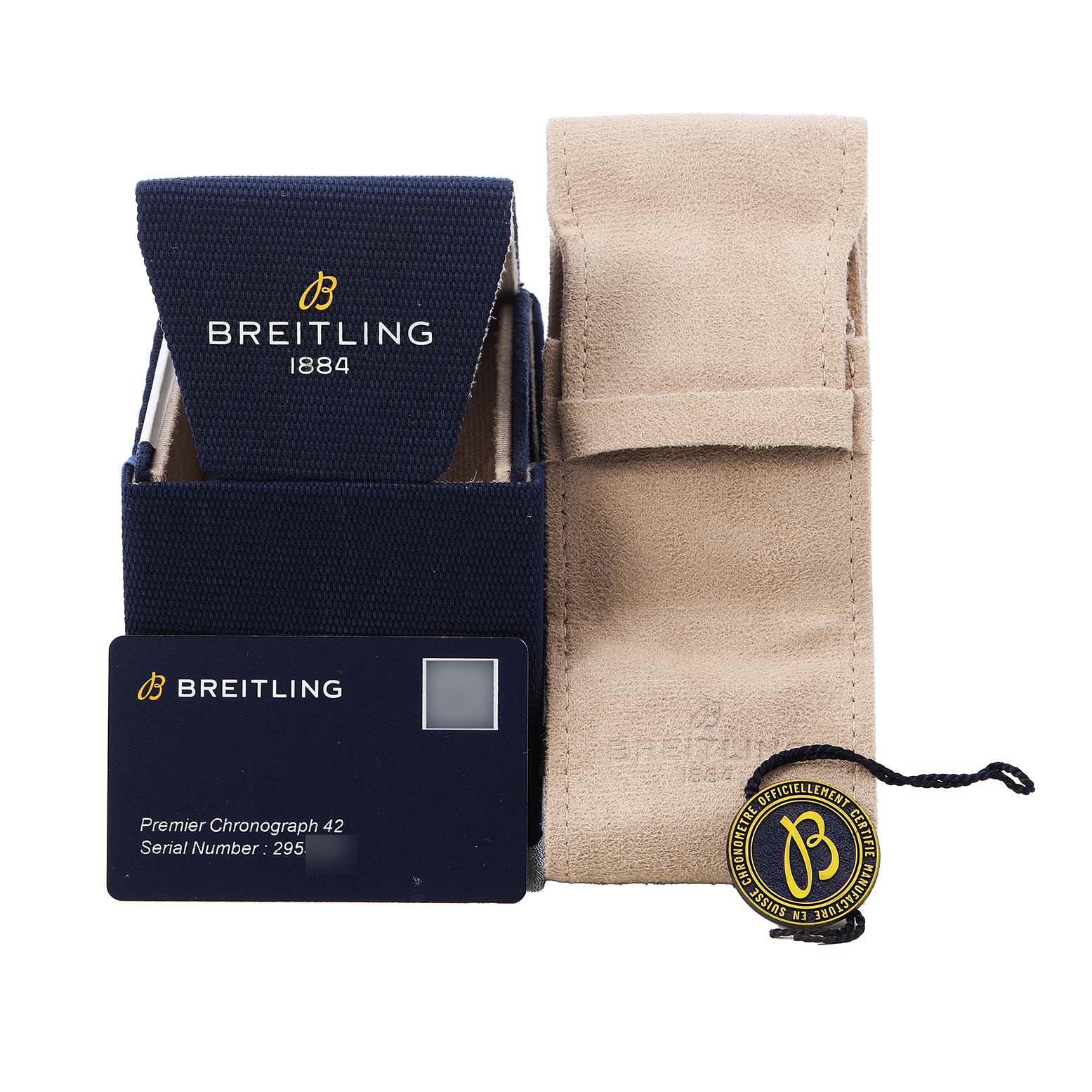 The image shows a Breitling Premier A13315 Men's Stainless Steel Black Dial watch box, warranty card, tag, and pouch from a front angle.