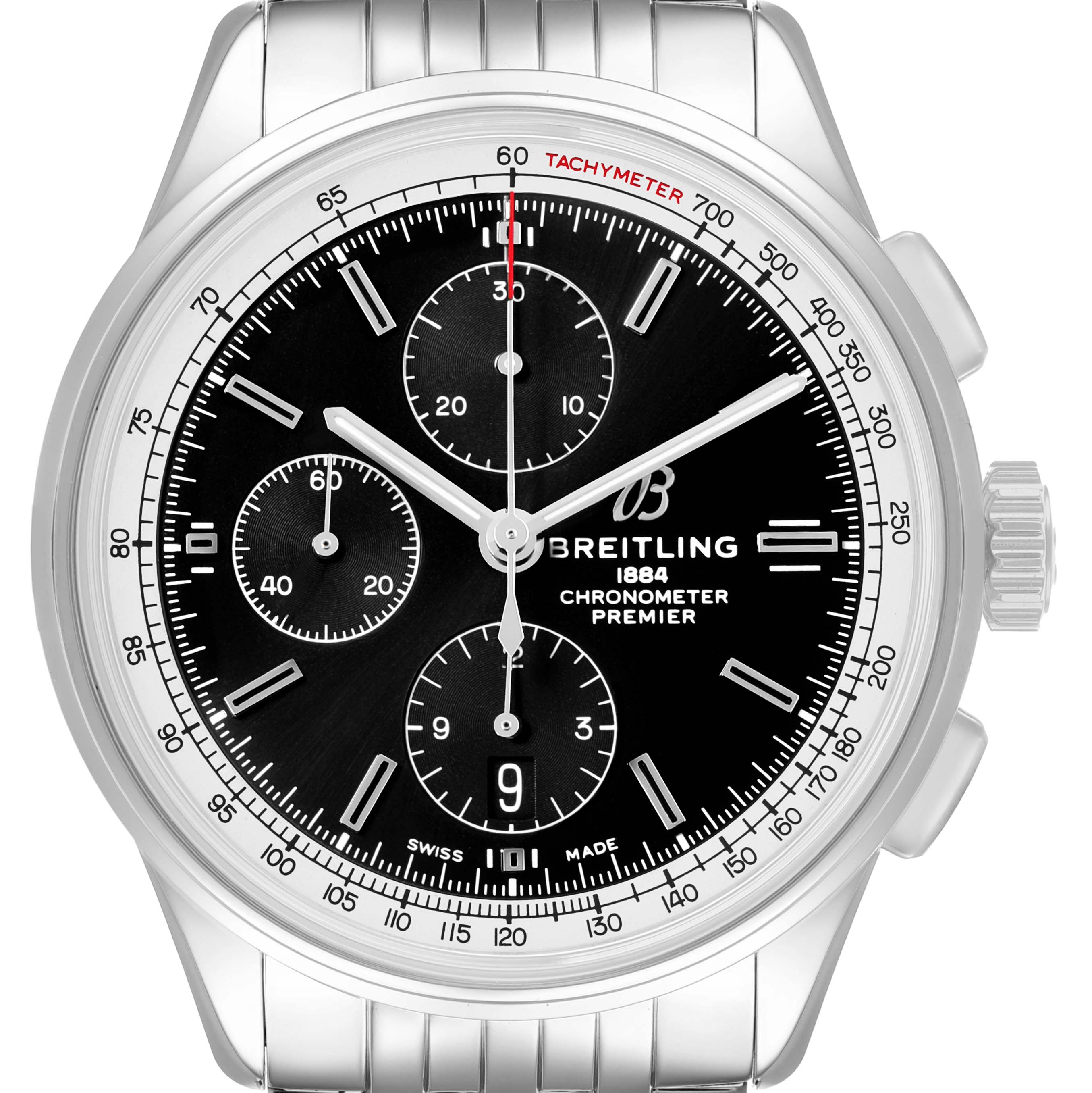 The image shows a frontal view of the Breitling Premier A13315 Men's Stainless Steel Black Dial watch, highlighting the black dial, subdials, tachymeter, and bracelet.