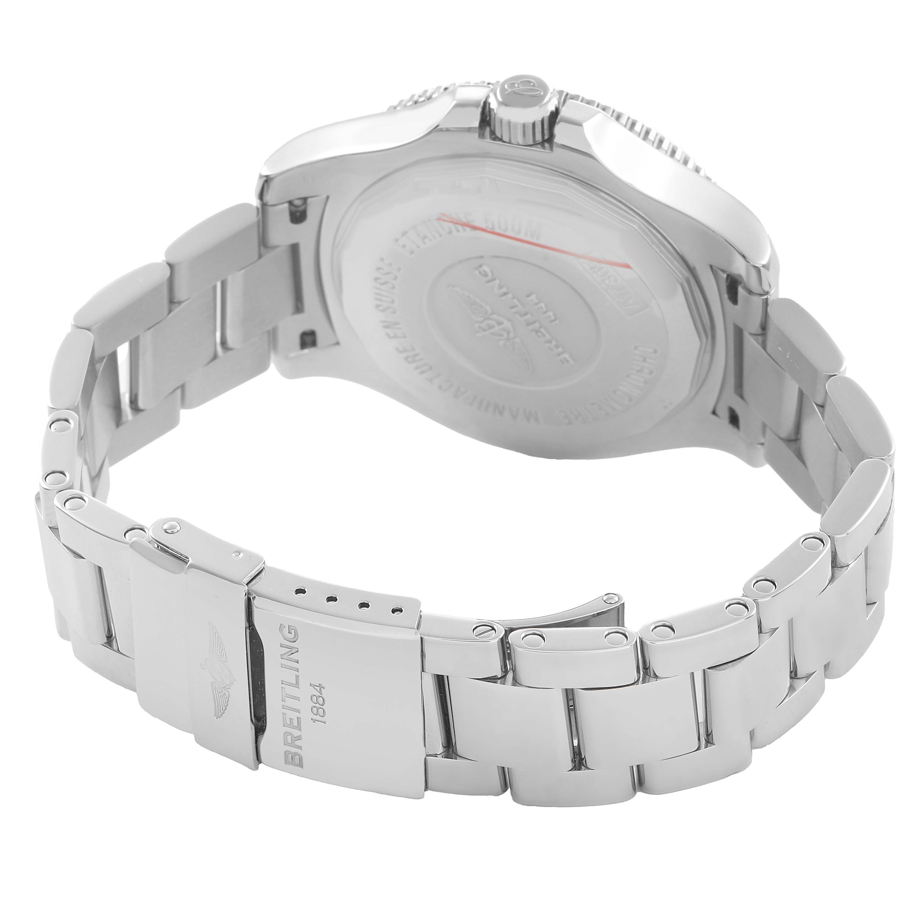 The image shows the back and bracelet of the Breitling Superocean A17365 Men's Stainless Steel Black Dial watch, highlighting its clasp and case back.