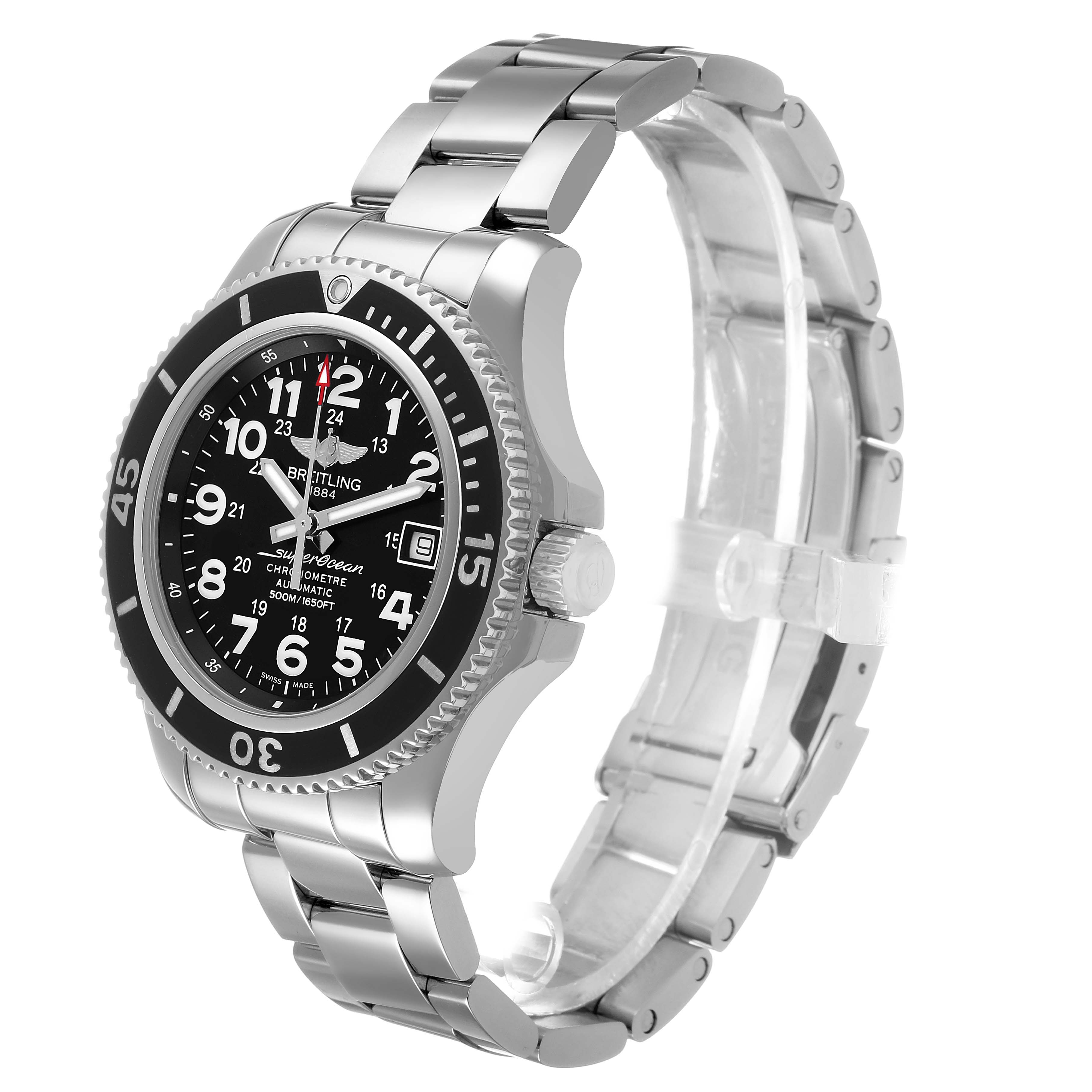 The Breitling Superocean A17365 Men's Stainless Steel Black Dial watch is shown at a three-quarter angle, displaying the dial, bezel, crown, and metal bracelet.