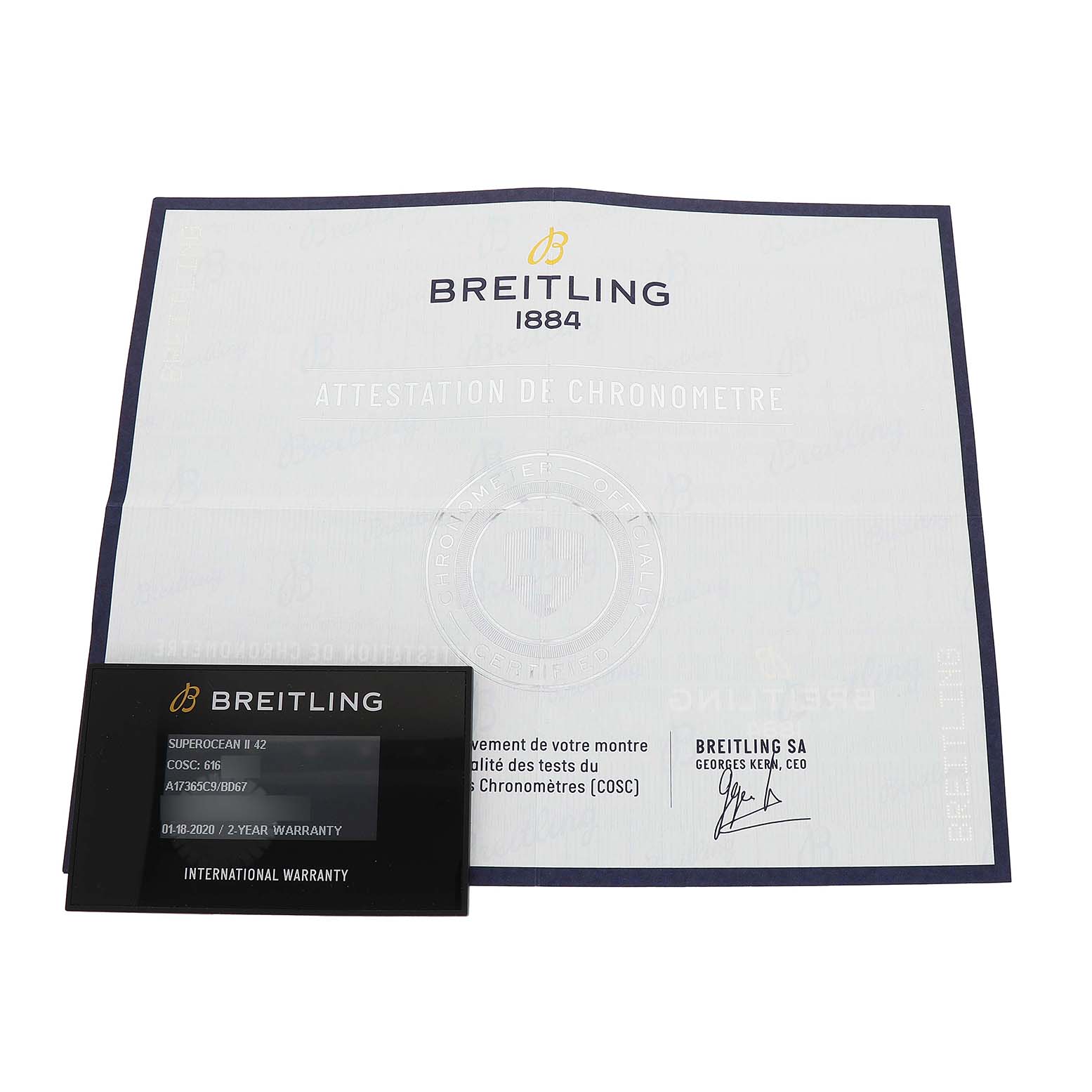The image shows a warranty card and certificate for a Breitling Superocean A17365 Men's Stainless Steel Black Dial watch.