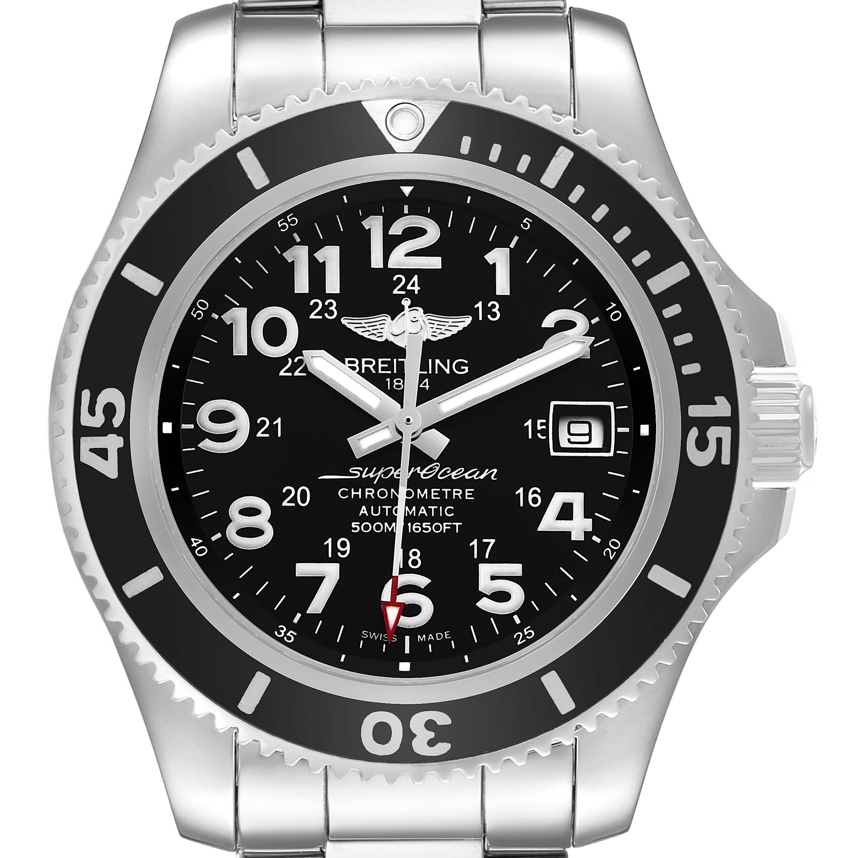 The Breitling Superocean A17365 Men's Stainless Steel Black Dial watch is shown from a front angle, displaying the dial, bezel, and part of the bracelet.