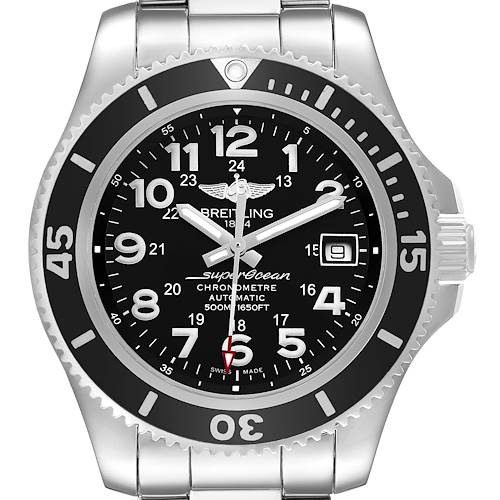 The Breitling Superocean A17365 Men's Stainless Steel Black Dial watch is shown from a front view, highlighting its face, bezel, and part of the bracelet.