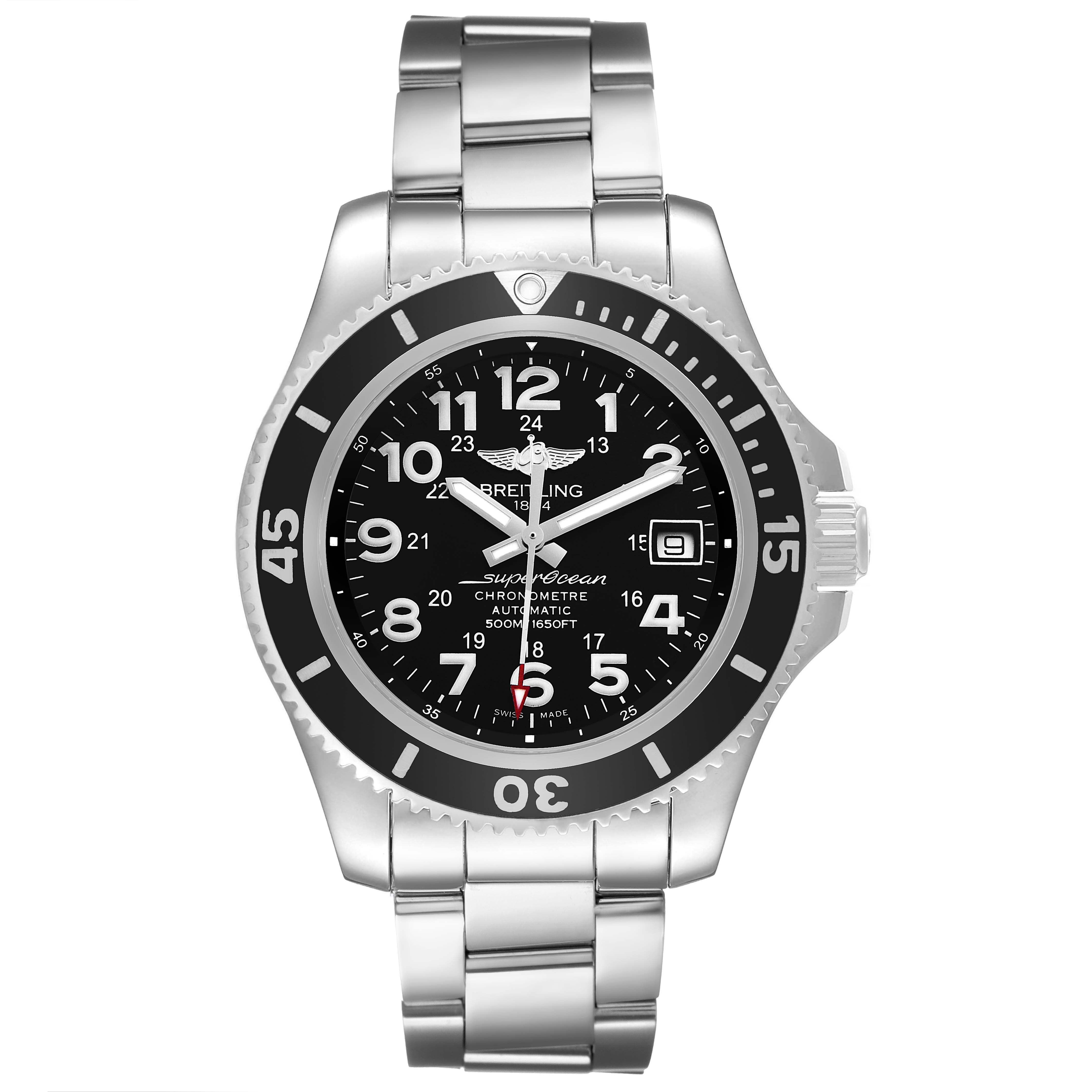 This Breitling Superocean A17365 Men's Stainless Steel Black Dial watch is shown from a front angle, displaying its dial, bezel, and bracelet.