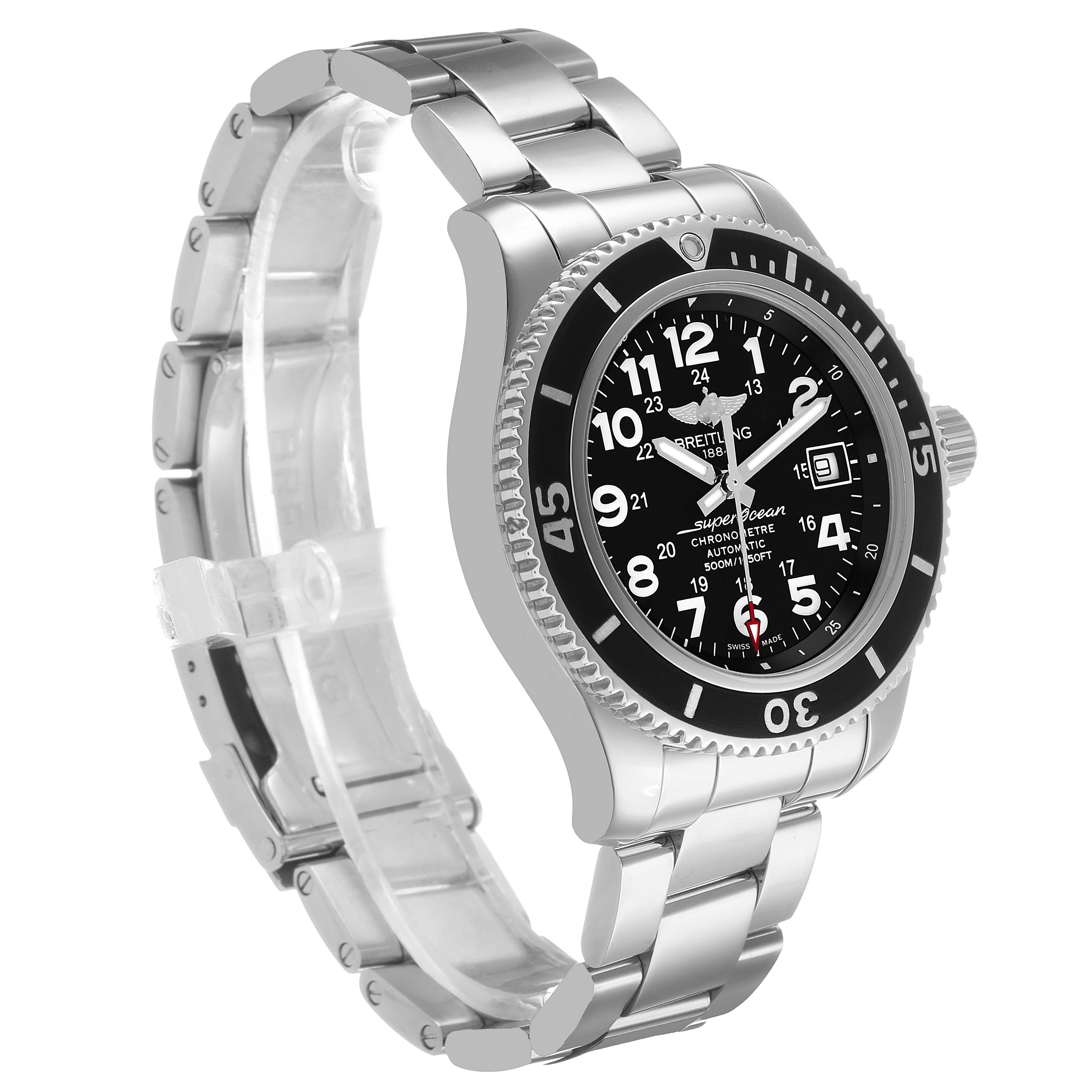 The Breitling Superocean A17365 Men's Stainless Steel Black Dial watch is shown at a three-quarter angle, highlighting the face, bezel, crown, and metal bracelet.