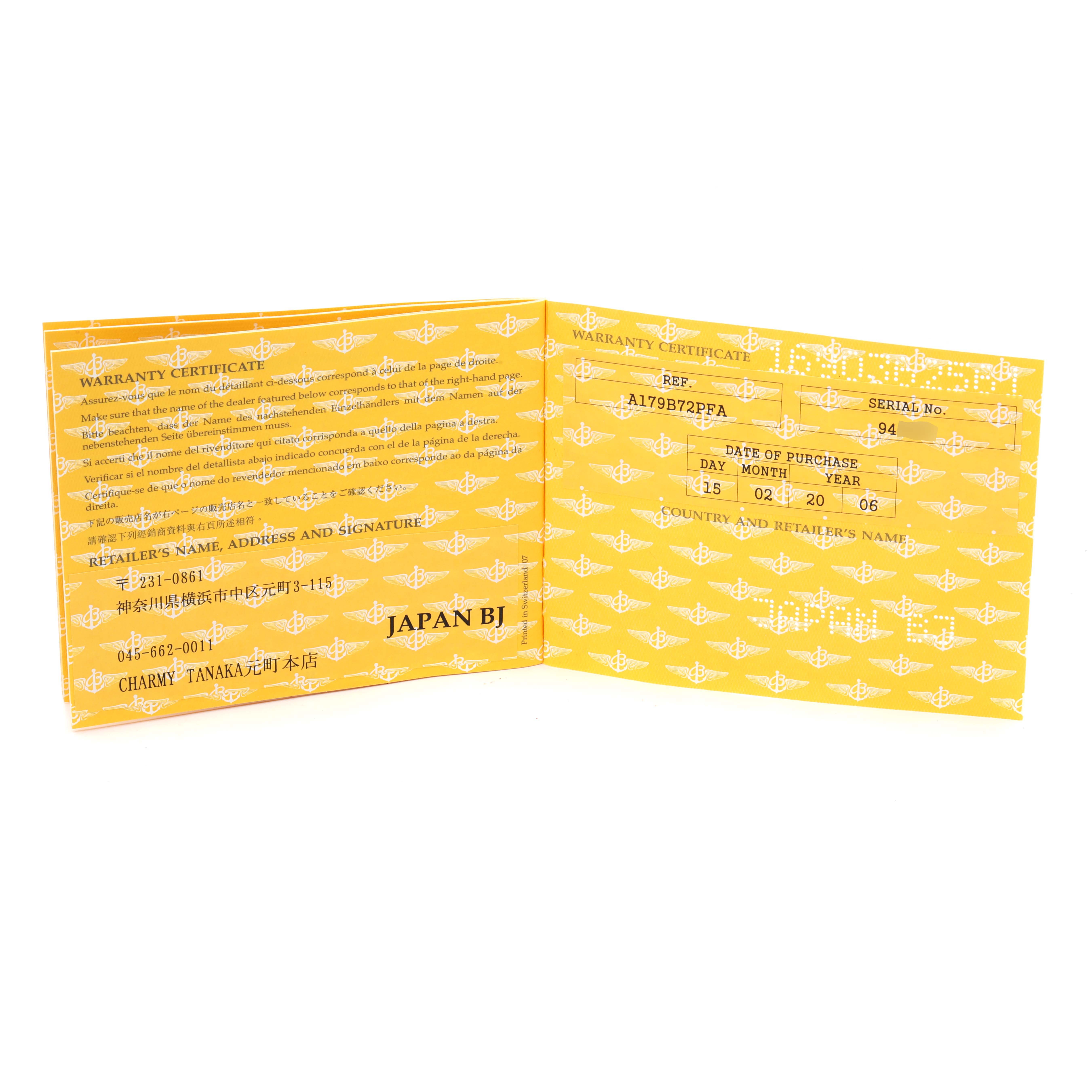 The image shows the open warranty certificate for a Breitling Superocean A17390 Men
s Stainless Steel Black Dial A17390 Men
s Stainless Steel Black Dial watch, displaying purchase details.