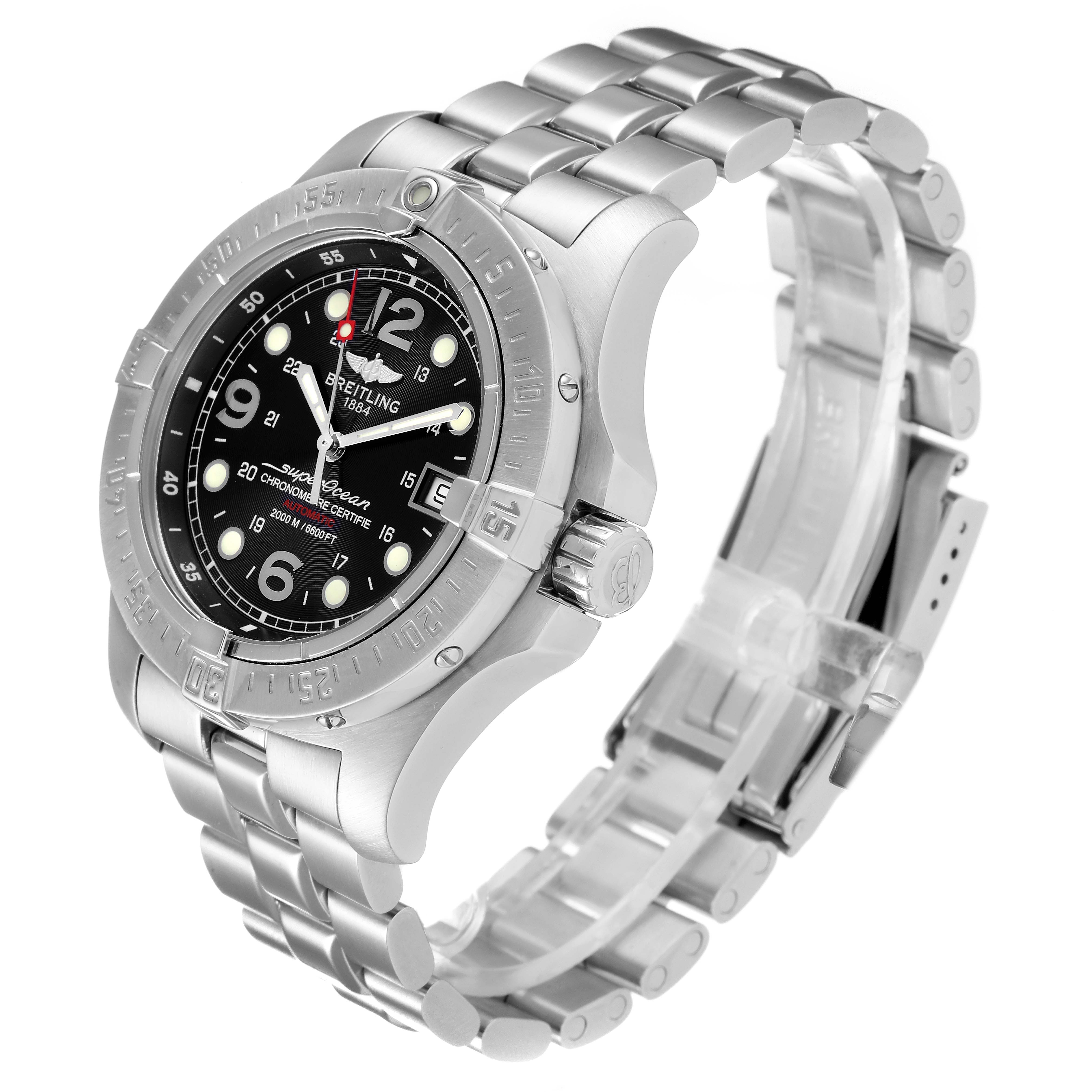 The Breitling Superocean A17390 Men
s Stainless Steel Black Dial A17390 Men
s Stainless Steel Black Dial watch is shown at a slight angle, displaying its face, bezel, crown, and metal bracelet.