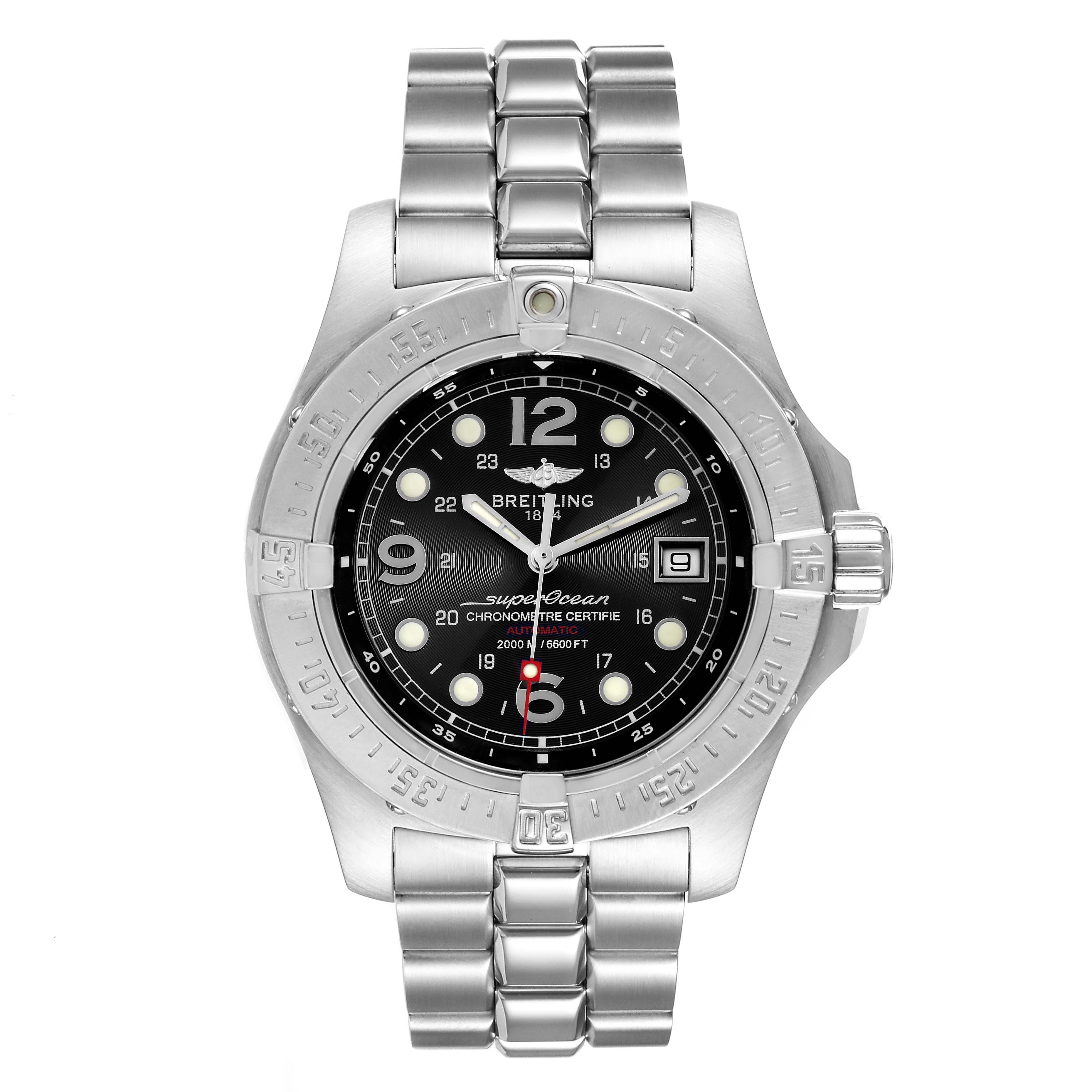 The image shows a front view of the Breitling Superocean A17390 Men
s Stainless Steel Black Dial A17390 Men
s Stainless Steel Black Dial watch, displaying its dial, bezel, and metal bracelet.