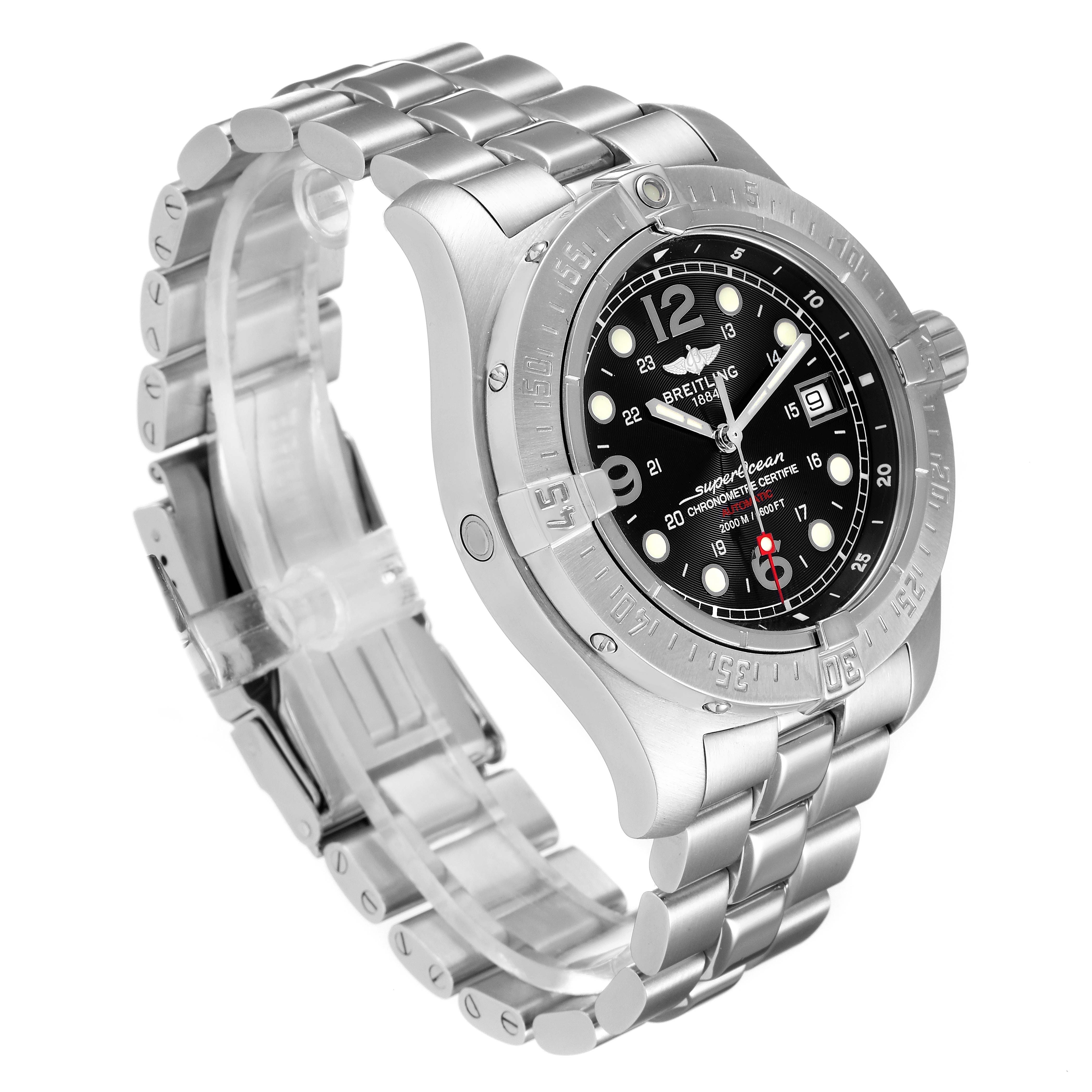The image shows a three-quarter view of a Breitling Superocean A17390 Men
s Stainless Steel Black Dial A17390 Men
s Stainless Steel Black Dial watch, highlighting its stainless steel bracelet, bezel, and dial.