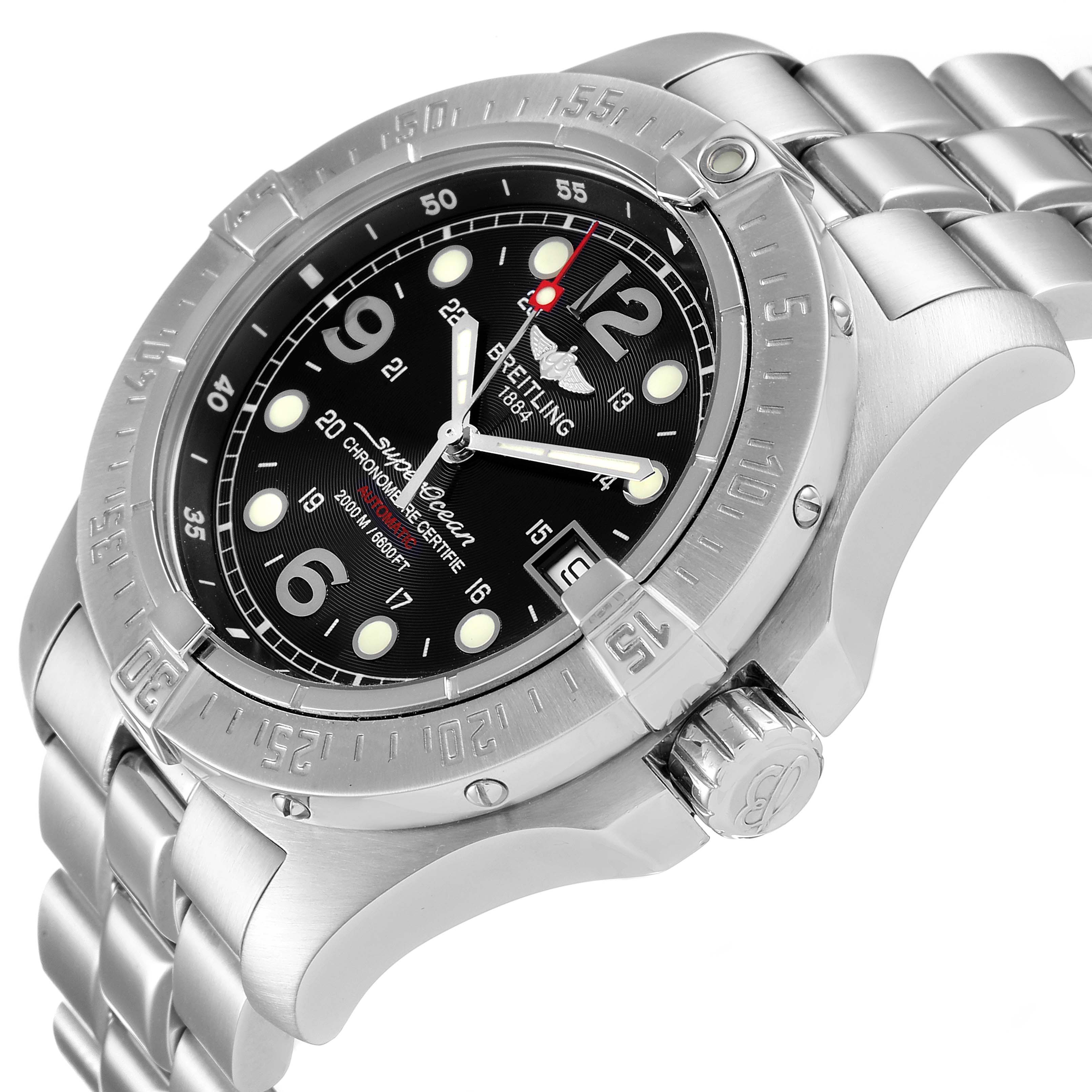 This image shows a Breitling Superocean A17390 Men
s Stainless Steel Black Dial A17390 Men
s Stainless Steel Black Dial watch at a three-quarter angle, highlighting the dial, bezel, and stainless steel bracelet.