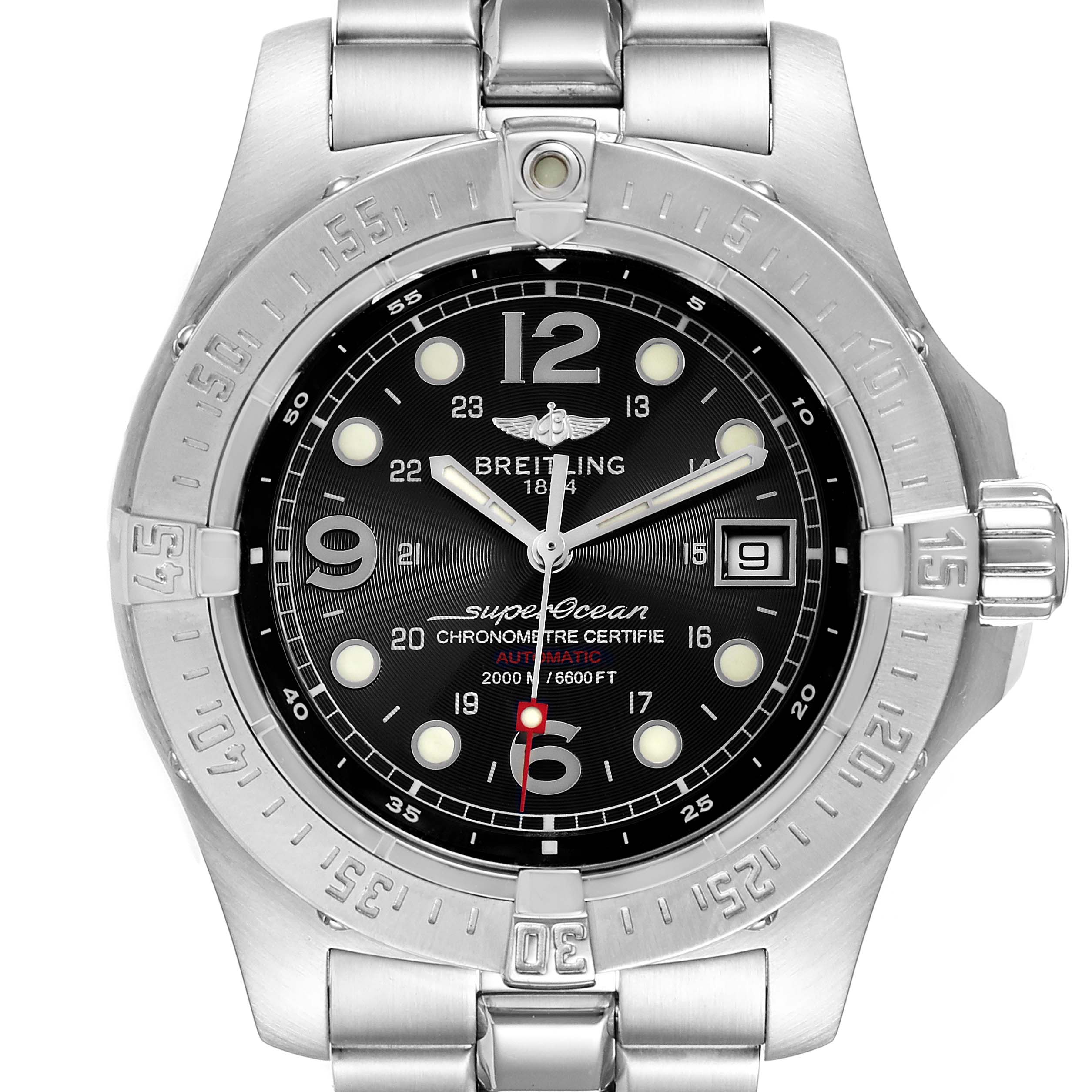 The Breitling Superocean A17390 Men
s Stainless Steel Black Dial A17390 Men
s Stainless Steel Black Dial watch is shown from a front angle, displaying the dial, bezel, crown, and part of the bracelet.