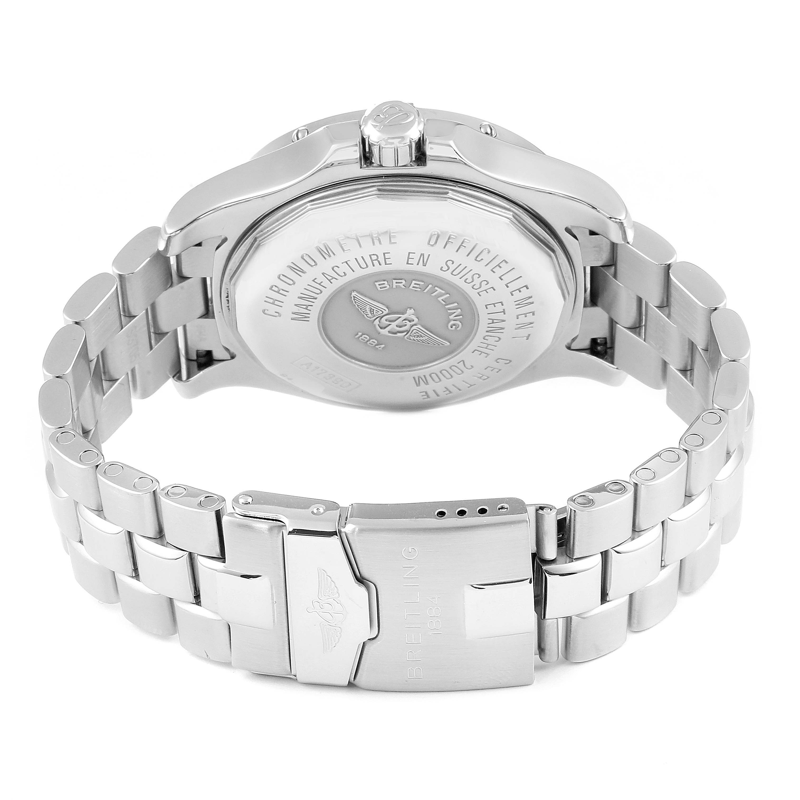 The image shows the back and clasp of a Breitling Superocean A17390 Men
s Stainless Steel Black Dial A17390 Men
s Stainless Steel Black Dial watch, focusing on the case back and the metal bracelet.