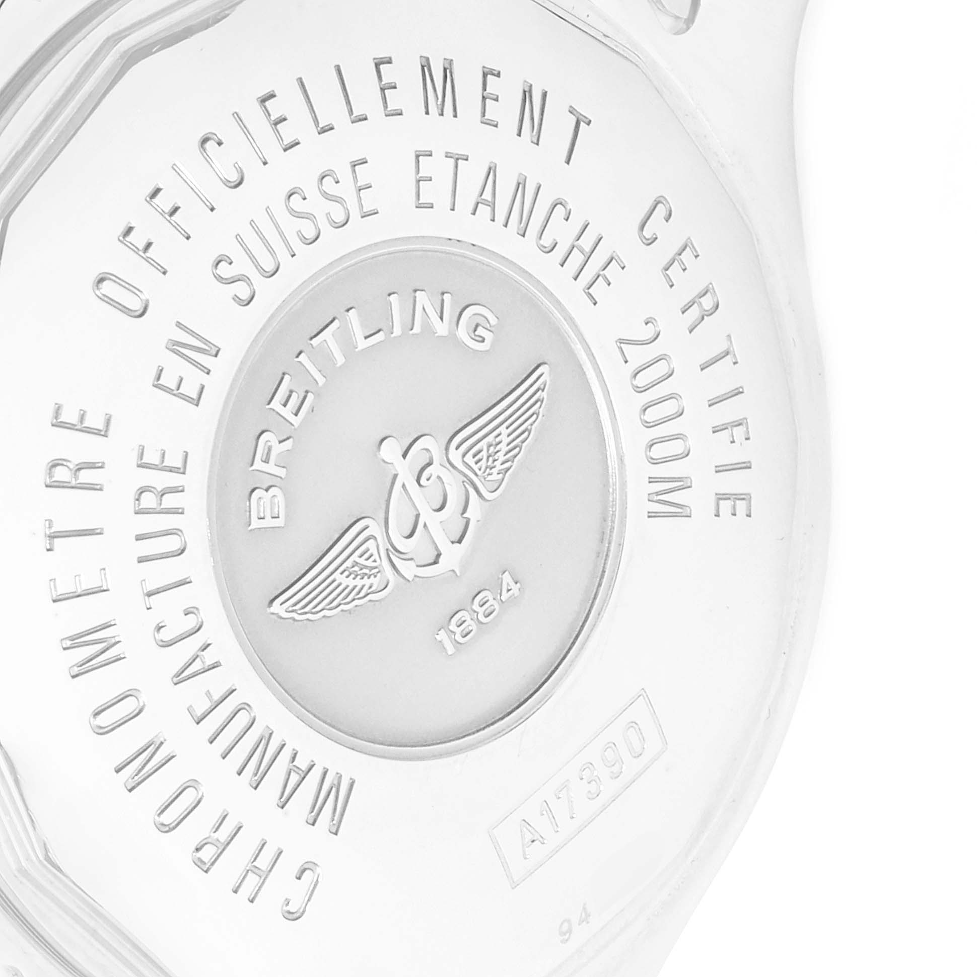 The image shows the back case of a Breitling Superocean A17390 Men
s Stainless Steel Black Dial A17390 Men
s Stainless Steel Black Dial watch, highlighting the brand
s logo and specifications.