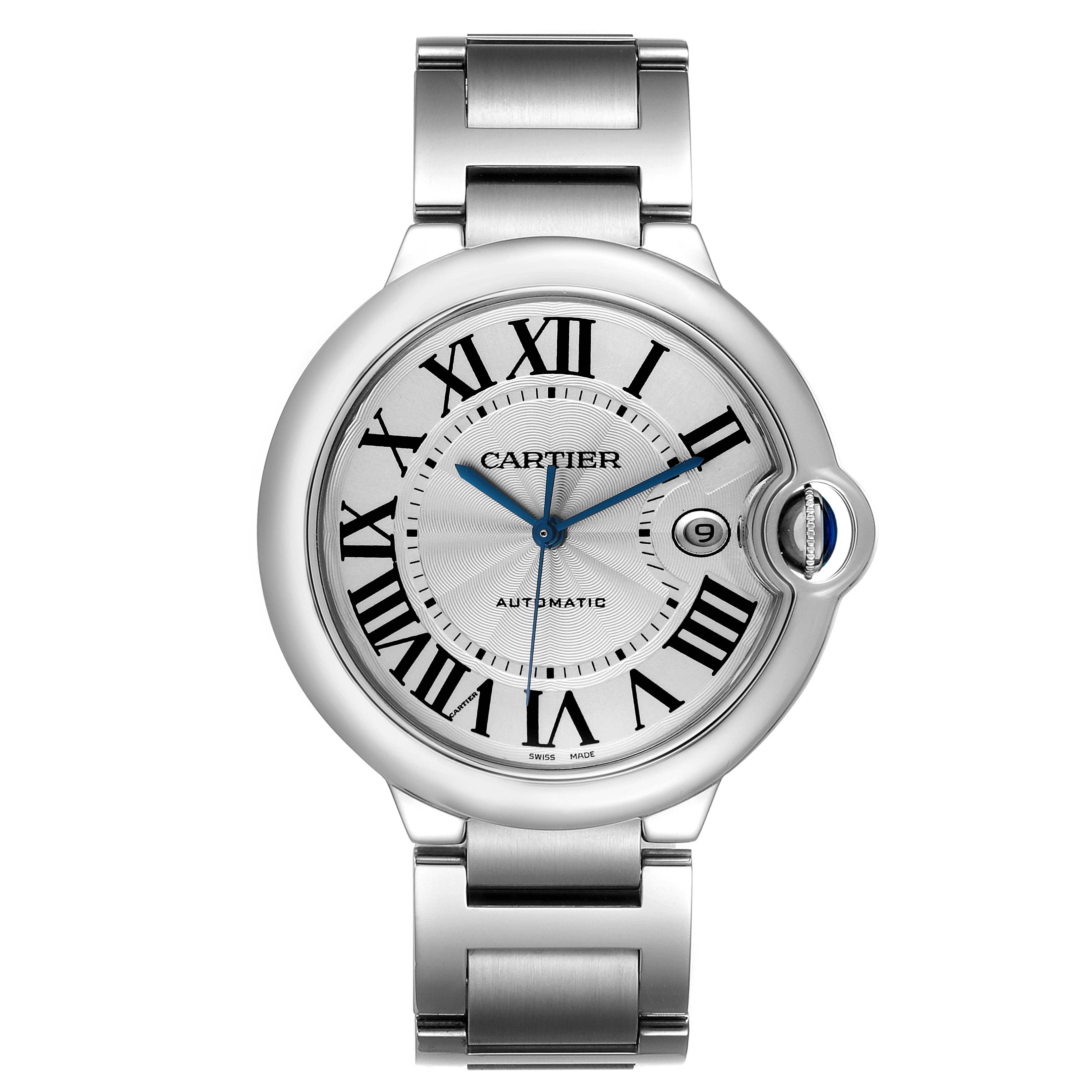 The image shows a frontal view of the Cartier Ballon Bleu W69012Z4 Men's Stainless Steel Silver Dial W69012Z4 Men's Stainless Steel Silver Dial watch, highlighting its dial, bracelet, and distinctive crown.