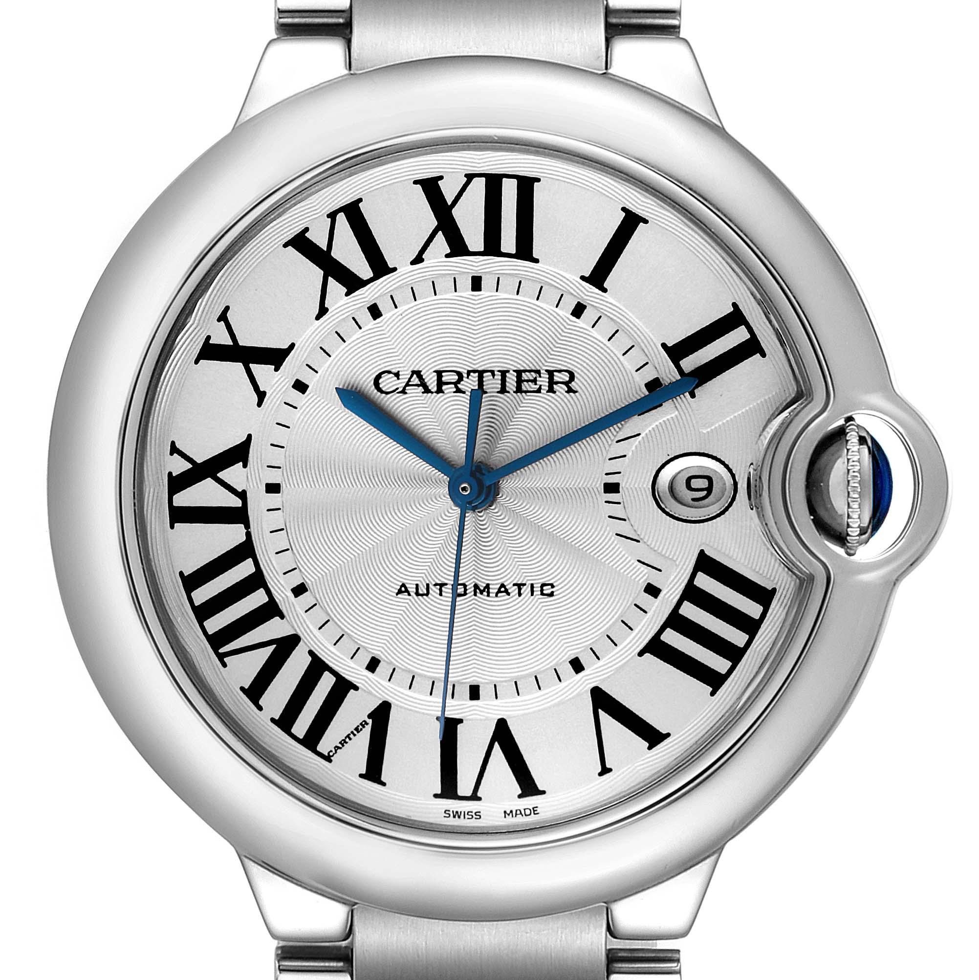 This is a close-up of the face of the Cartier Ballon Bleu W69012Z4 Men's Stainless Steel Silver Dial W69012Z4 Men's Stainless Steel Silver Dial watch, showing Roman numerals, blue hands, and a date window.
