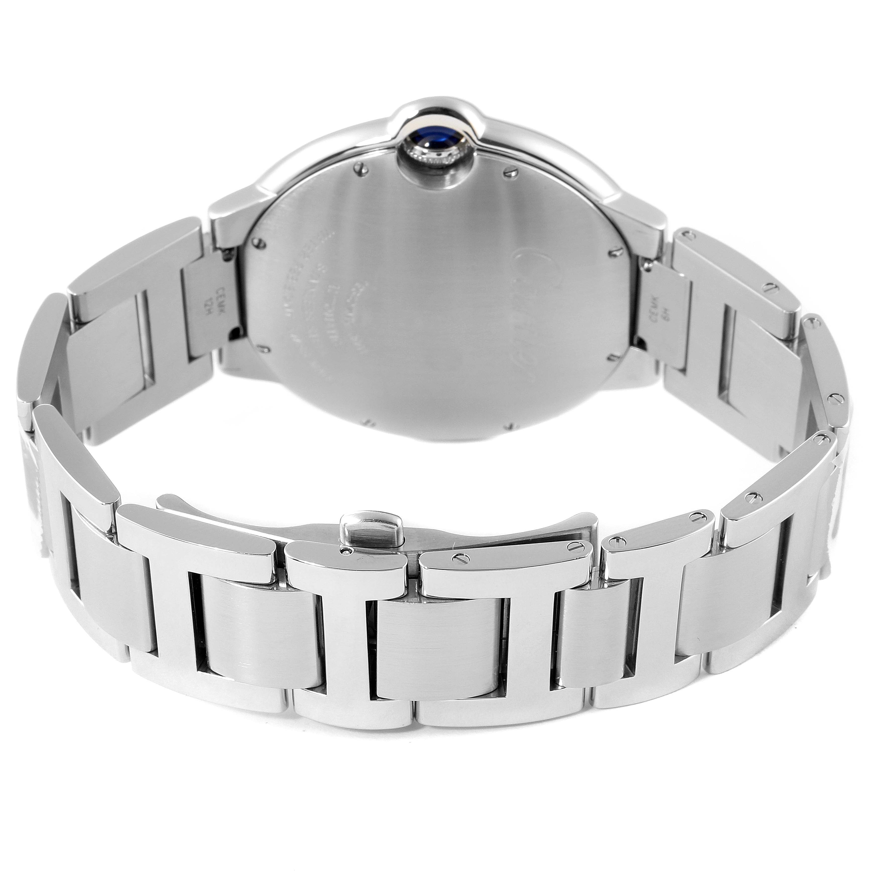 The image shows the back case and bracelet of a Ballon Bleu by Cartier watch, viewed from the rear angle.